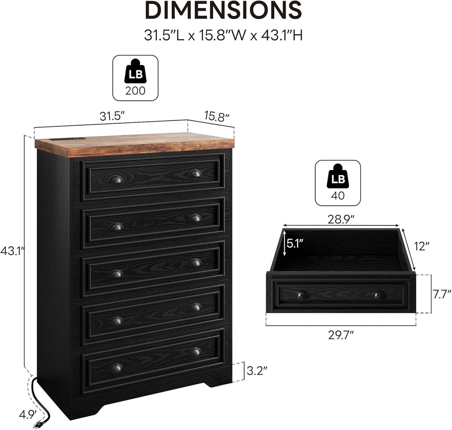 43" 5-Drawer Tall Dresser with Built-in Charging Station – Black & Walnut Wooden Storage Chest for Bedroom, Living Room, Office