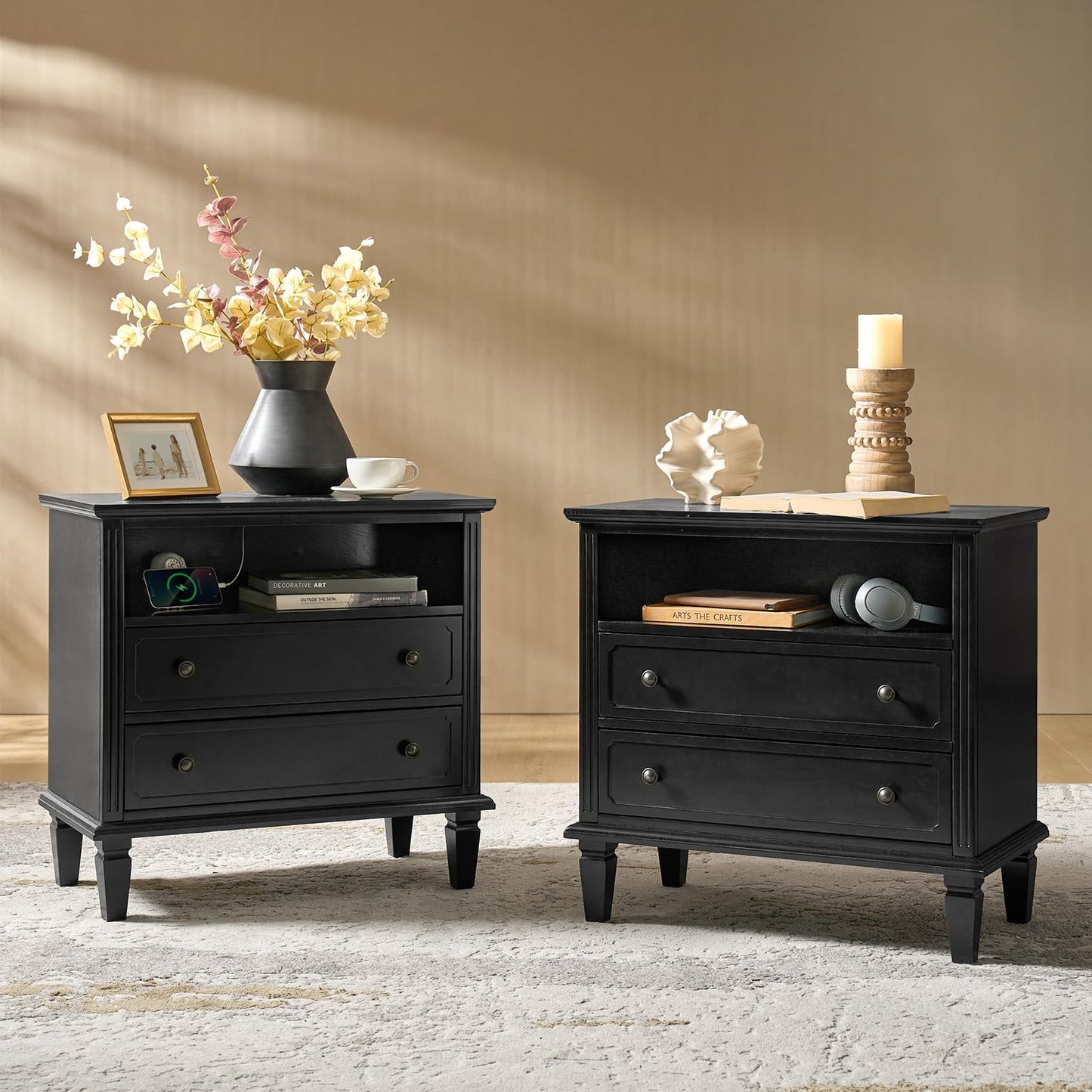 Farmhouse Nightstand Set of 2 with Charging Station – 2-Drawer Bedside Tables with Open Shelf, White Finish