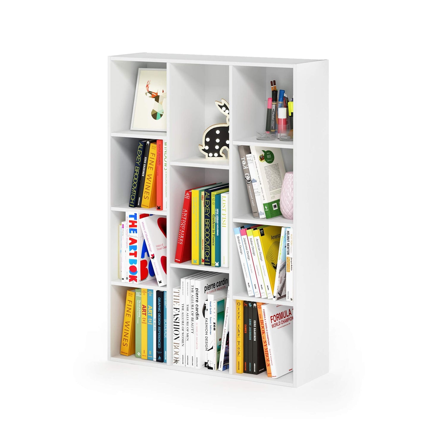 5-Cube Bookshelf, Reversible Bookcase – White Finish Dimensions: 9.4" D x 19.5" W x 31.5" H