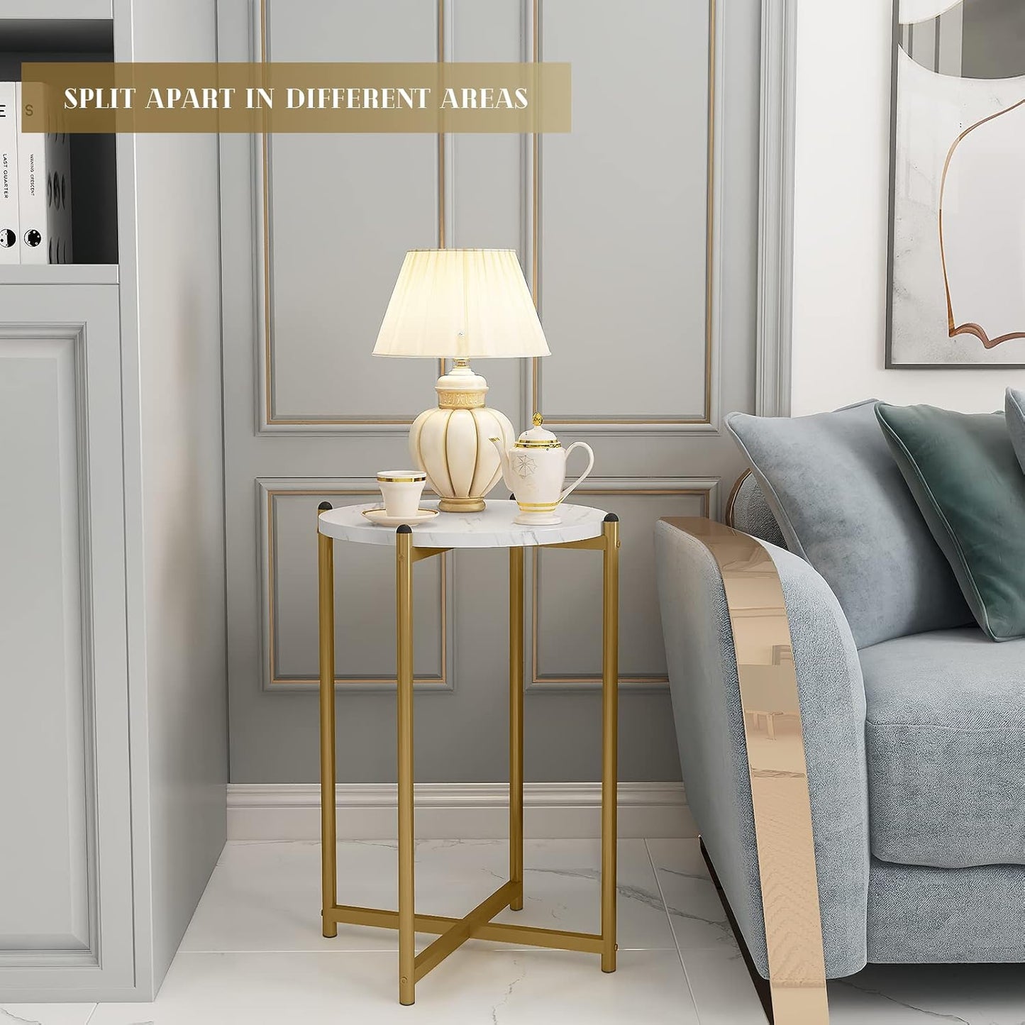 3-Piece Round Coffee Table Set with Faux Marble Top & Gold Metal Base – 1 Coffee Table + 2 Side Tables, Modern Living Room Accent Set, White & Gold