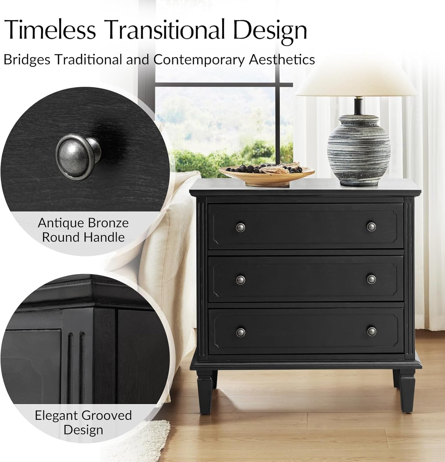 3-Drawer Nightstand Set of 2 with Charging Station – Mid-Century Modern Bedside Tables, Black Finish