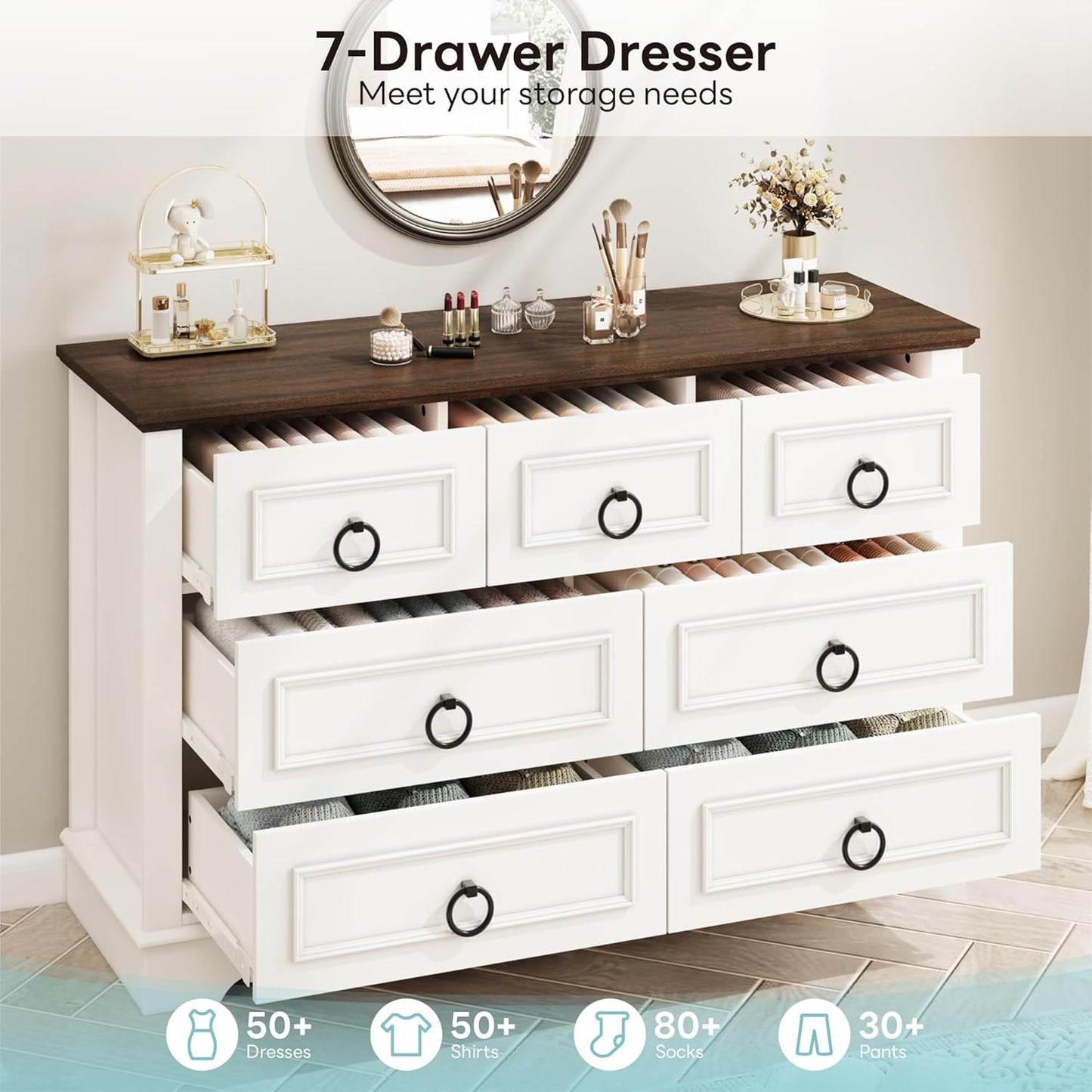 Farmhouse 7-Drawer Dresser – Rustic White Wood Chest for Bedroom, Hallway, or Entryway