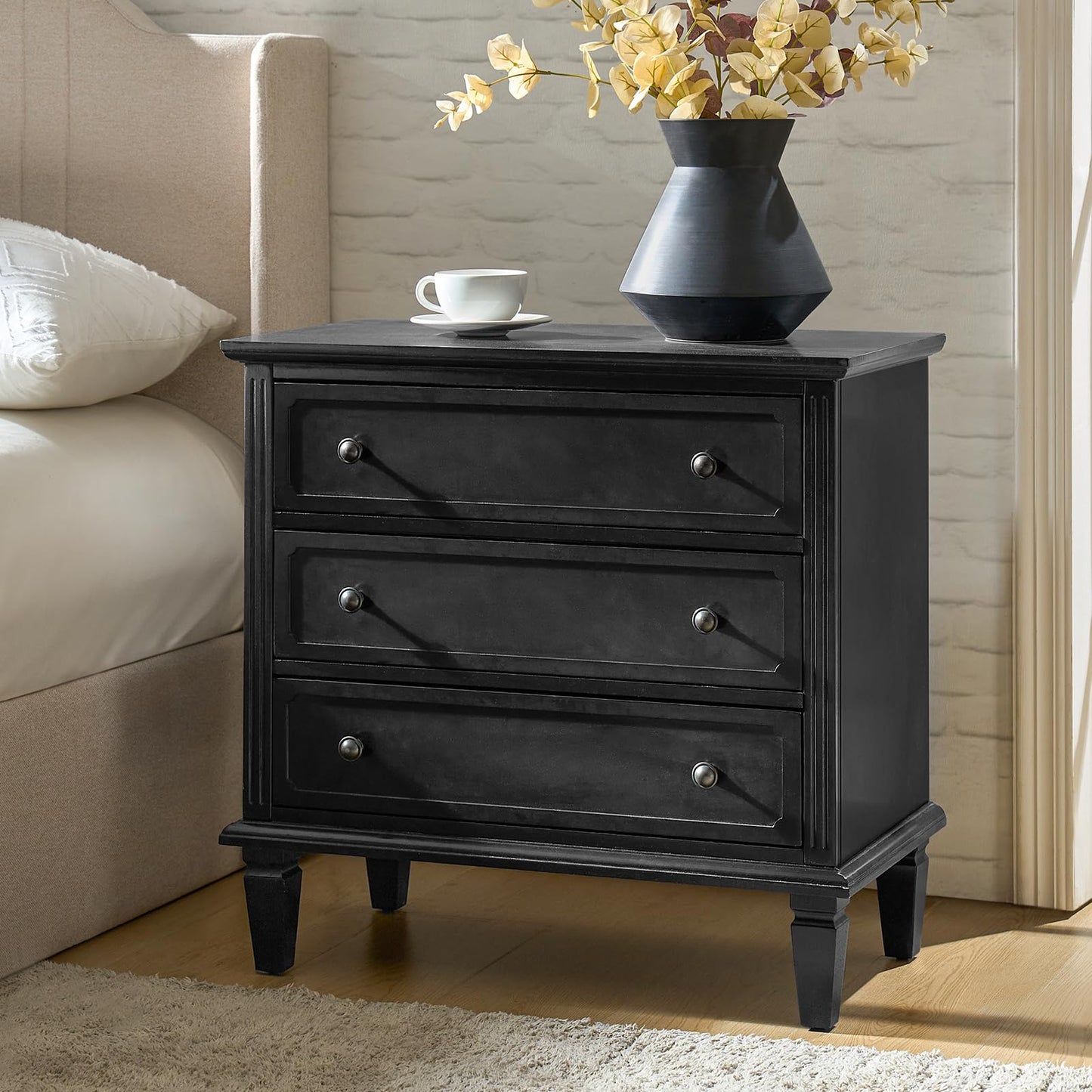 3-Drawer Nightstand Set of 2 with Charging Station – Mid-Century Modern Bedside Tables, Black Finish