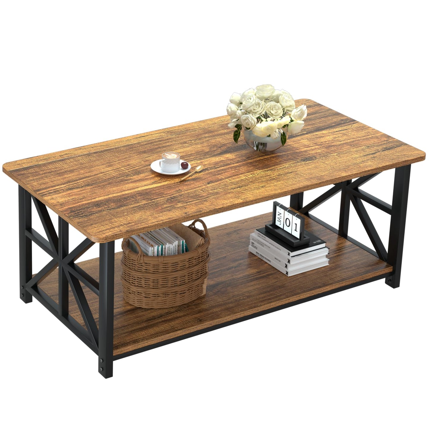 Farmhouse Coffee Table with Round Corners, Storage Shelf & Metal Frame, Gray Wash, 39"