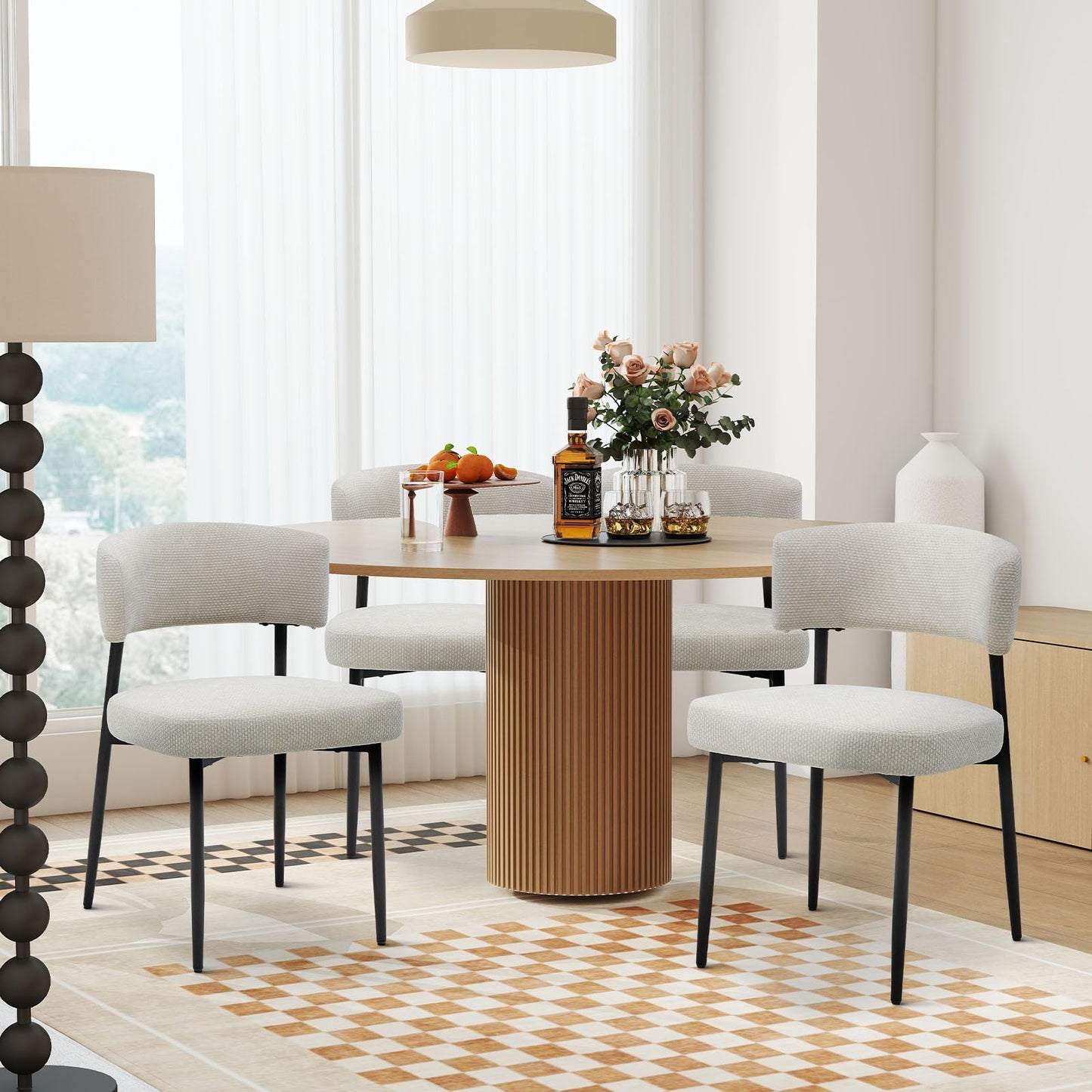 Set of 4 Modern Boucle Upholstered Dining Chairs – Mid-Century Round Kitchen Chairs with Curved Backrest & Metal Legs, Beige