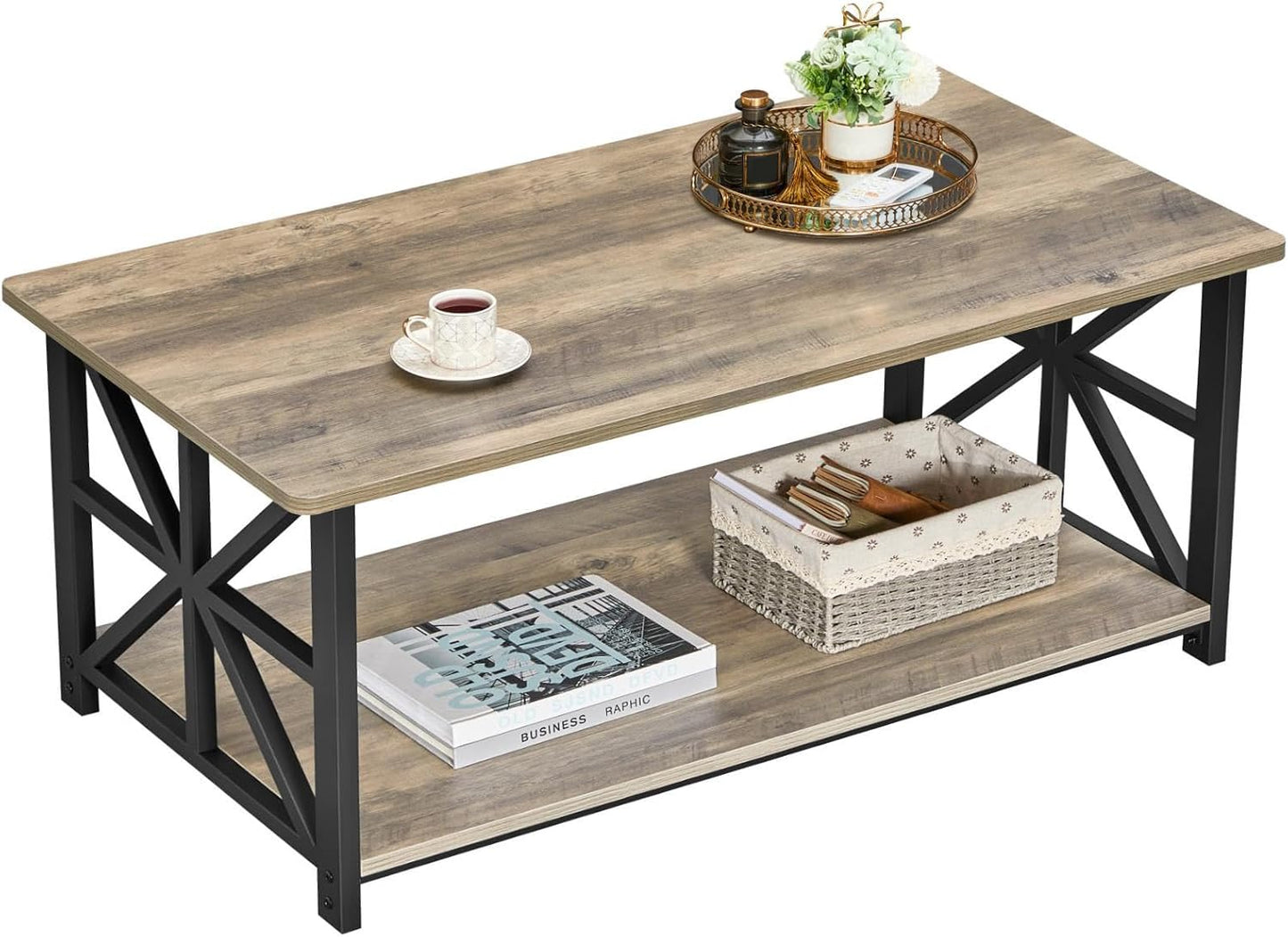 Farmhouse Coffee Table with Round Corners, Storage Shelf & Metal Frame, Gray Wash, 39"