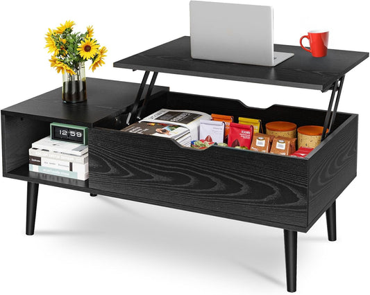 Lift Top Coffee Table with Hidden Storage Compartment and Large Lower Shelf – Modern Multifunctional Center Table for Living Room or Office, Black