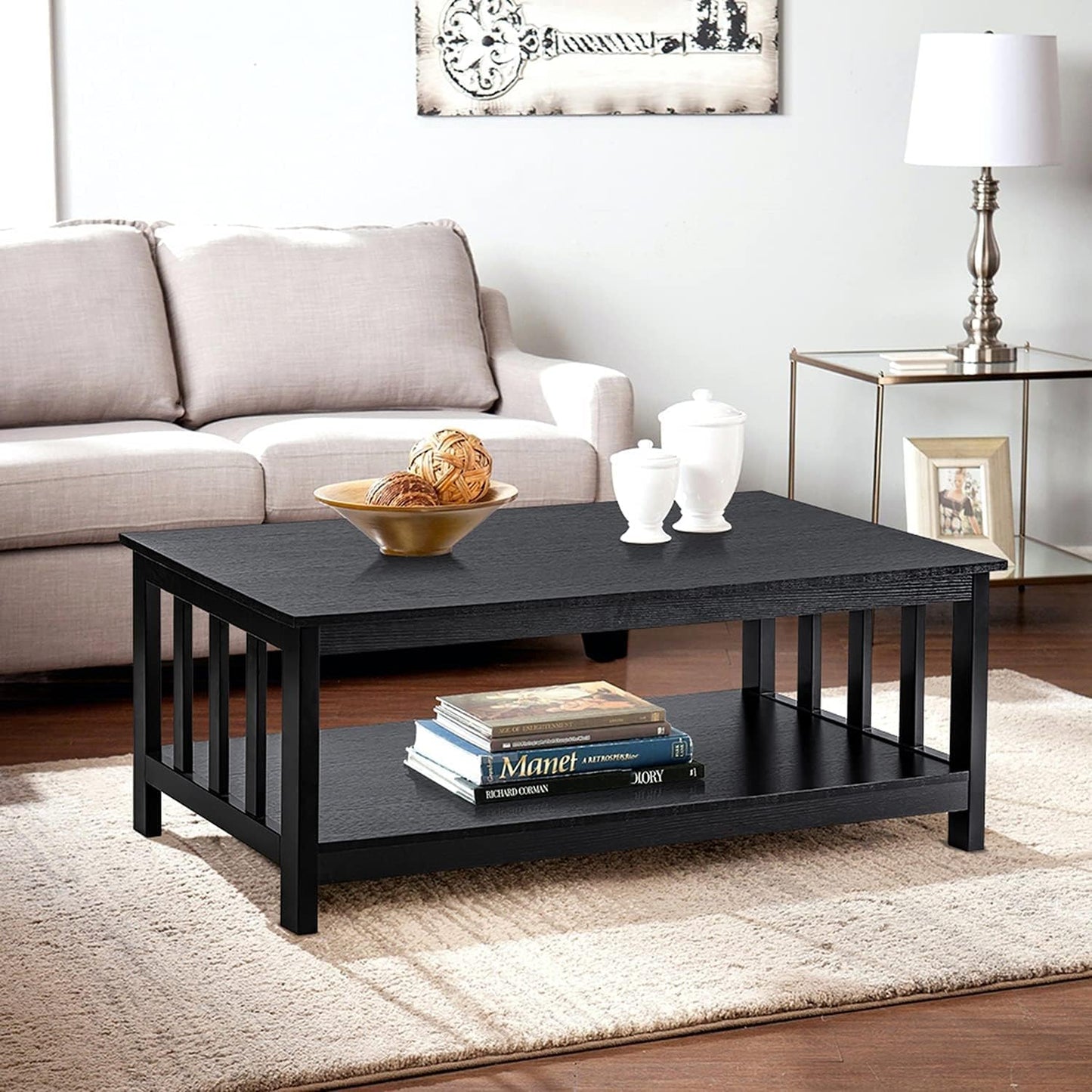 Mission Coffee Table with Shelf – Black Wood, 40-Inch