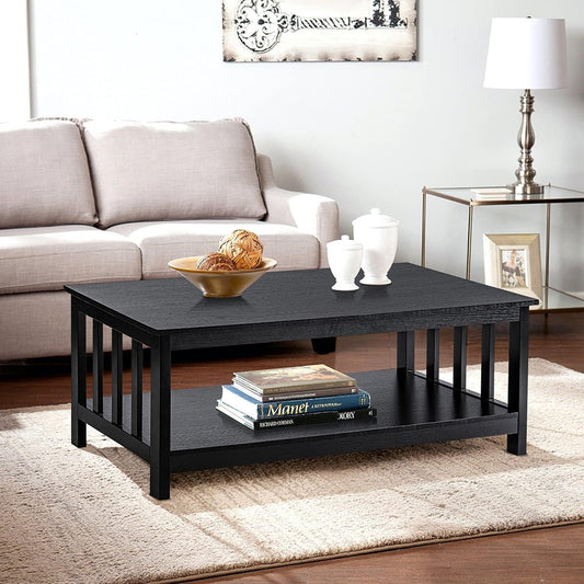 Mission Coffee Table with Shelf – Black Wood, 40-Inch
