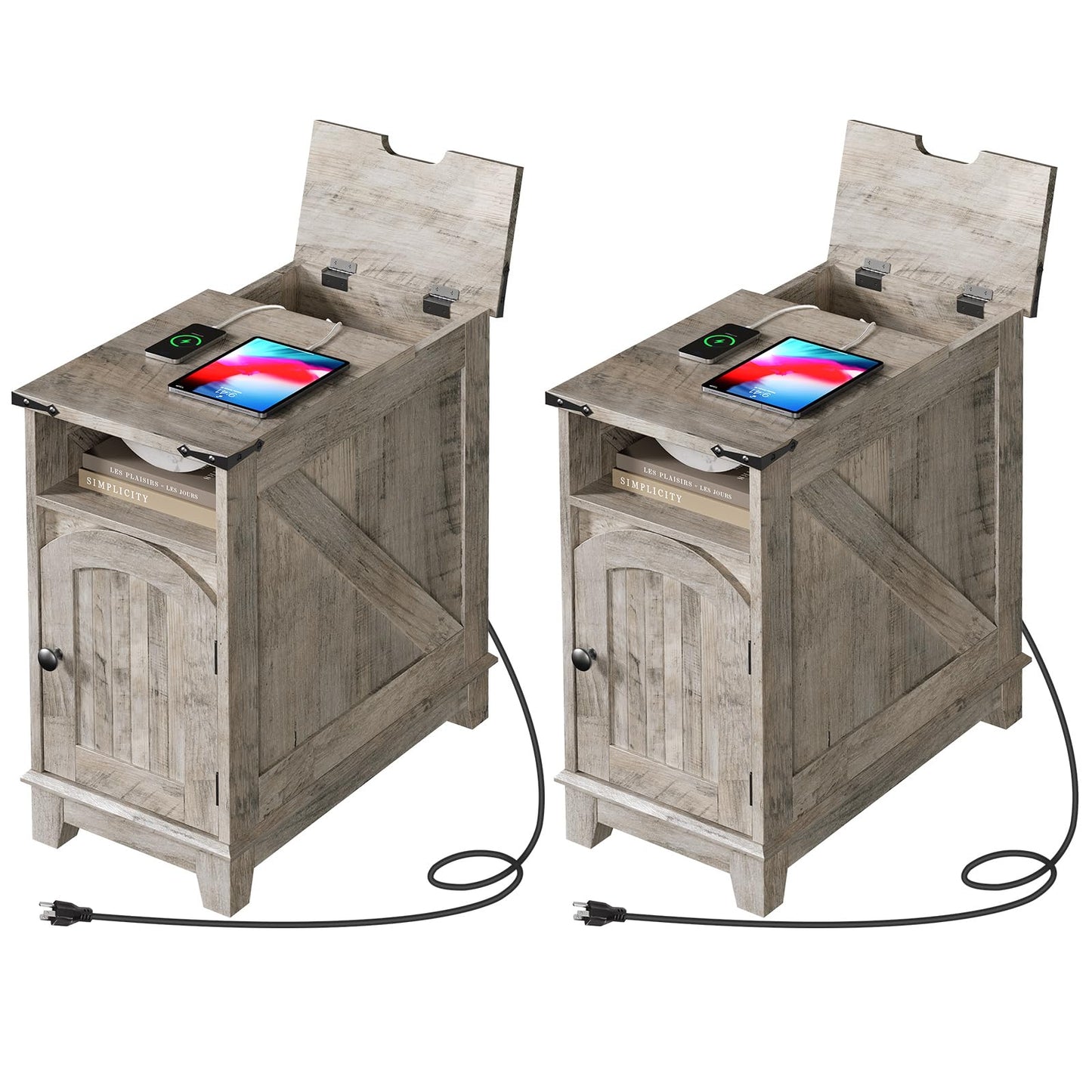 Narrow Farmhouse End Table with Charging Station – Slim Side Table / Small Nightstand for Living Room & Small Spaces, Flip-Top Storage, Greige