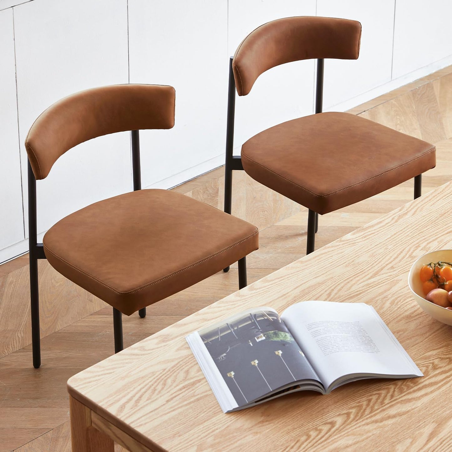 Set of 4 Brown Faux Leather Dining Chairs – Armless Upholstered Kitchen & Dining Chairs with Curved Backrest