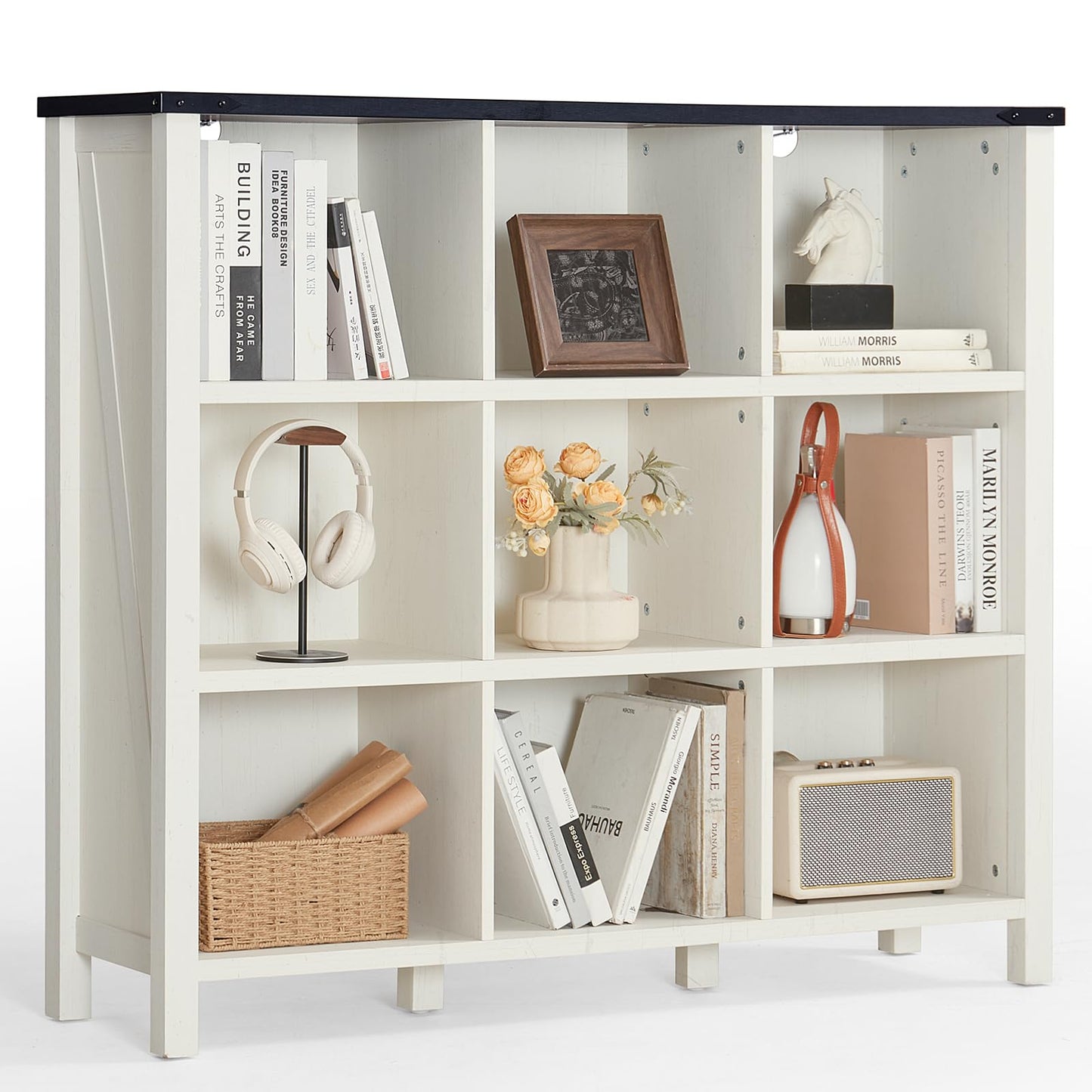 6-Cube Farmhouse Wood Low Storage Organizer – 47" Horizontal Navy Console Bookshelf with Legs
