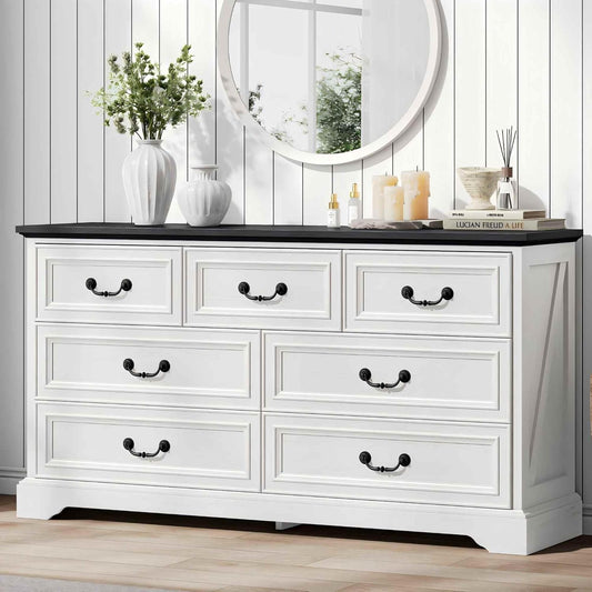 Farmhouse 7-Drawer Dresser – 59" Wide Rustic White Wooden Chest for Bedroom, Hallway, or Living Room