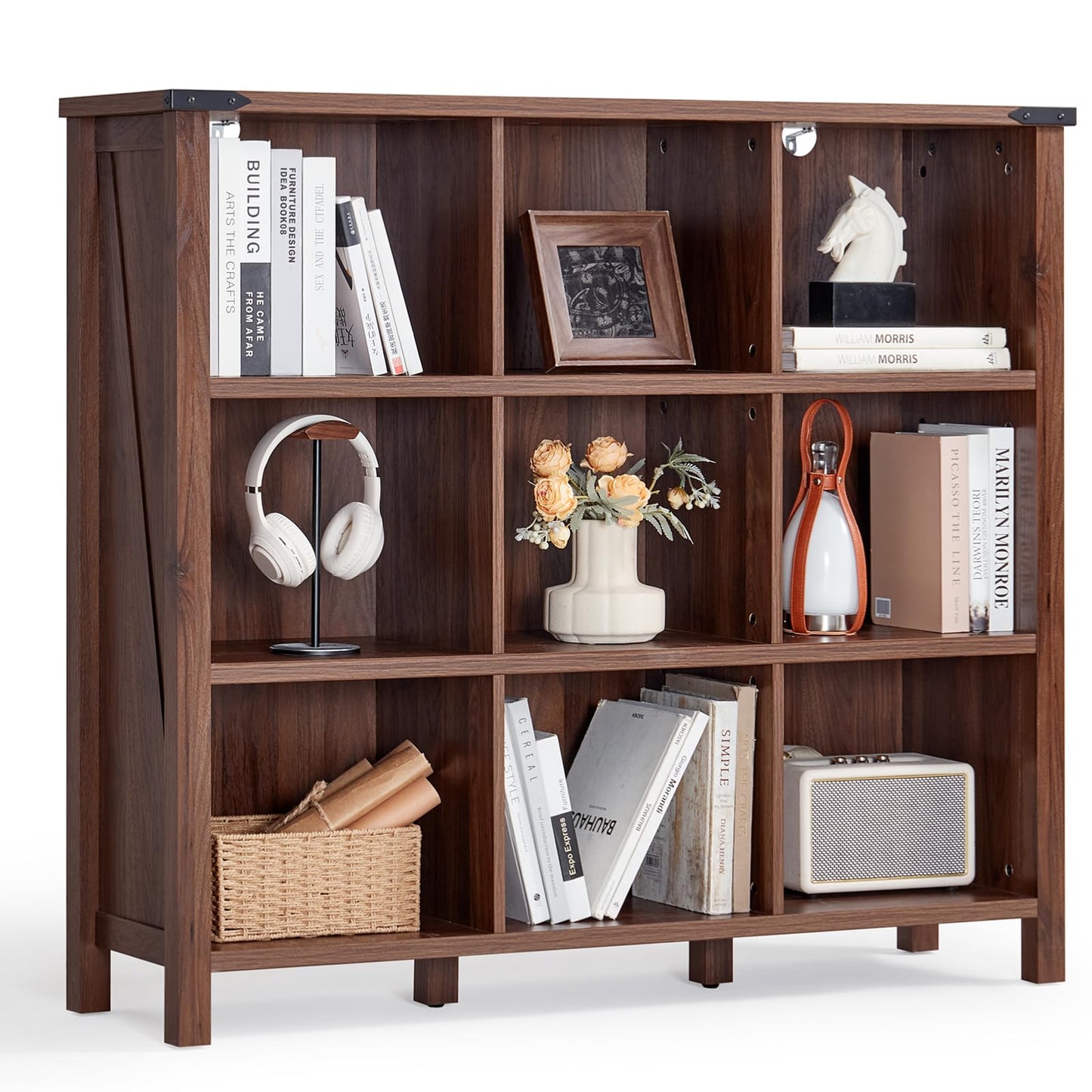 6-Cube Farmhouse Wood Low Storage Organizer – 47" Horizontal Navy Console Bookshelf with Legs