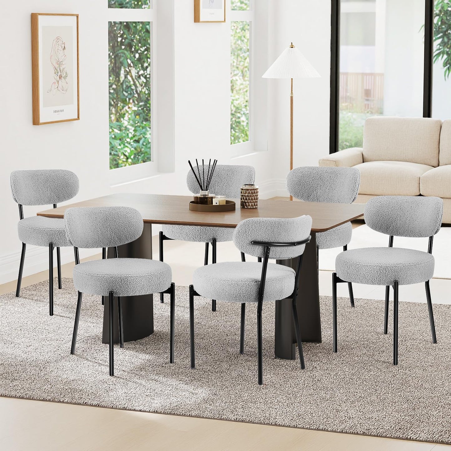 Set of 4 Modern Boucle Upholstered Dining Chairs – Mid-Century Round Kitchen Chairs with Curved Backrest & Metal Legs, Beige