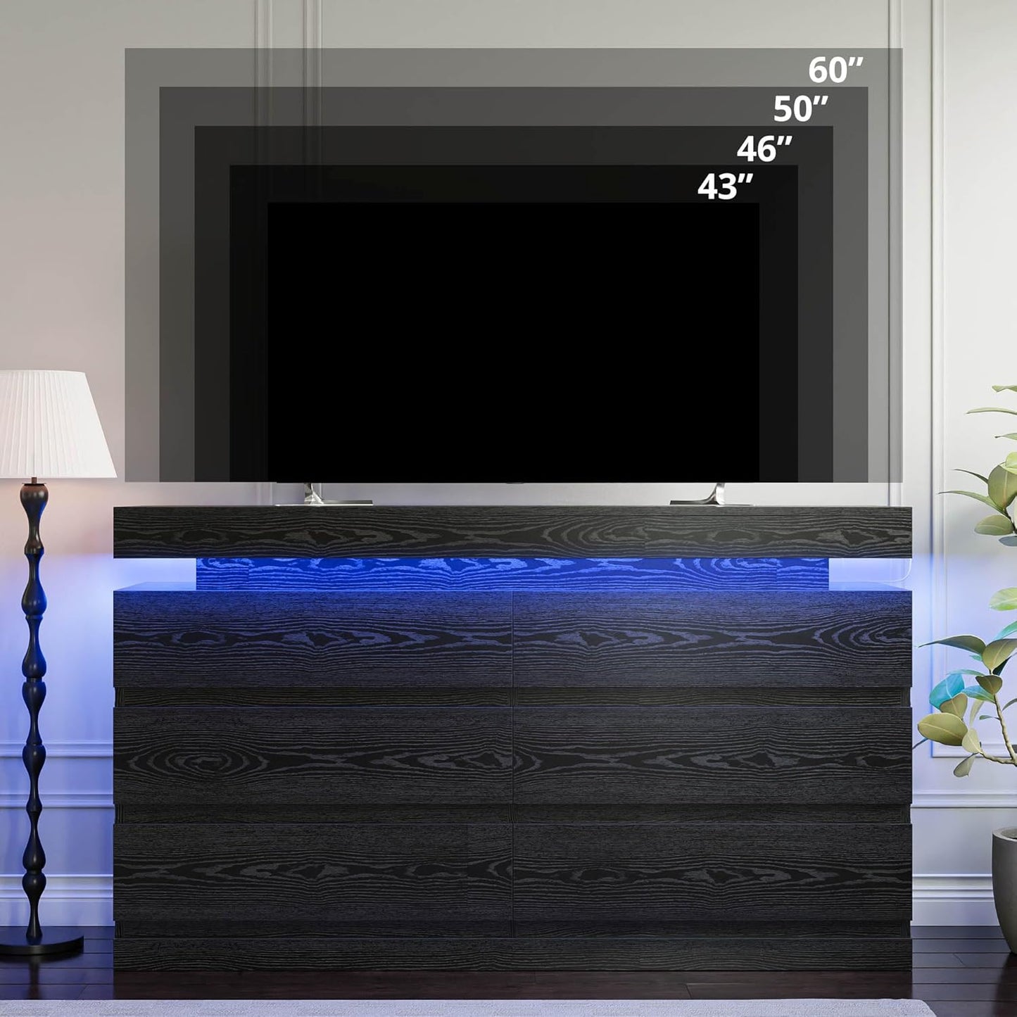 59" 6-Drawer Modern Dresser with LED Lighting & Power Strip – Large Black Wooden Storage Cabinet for Bedroom, Living Room, Office