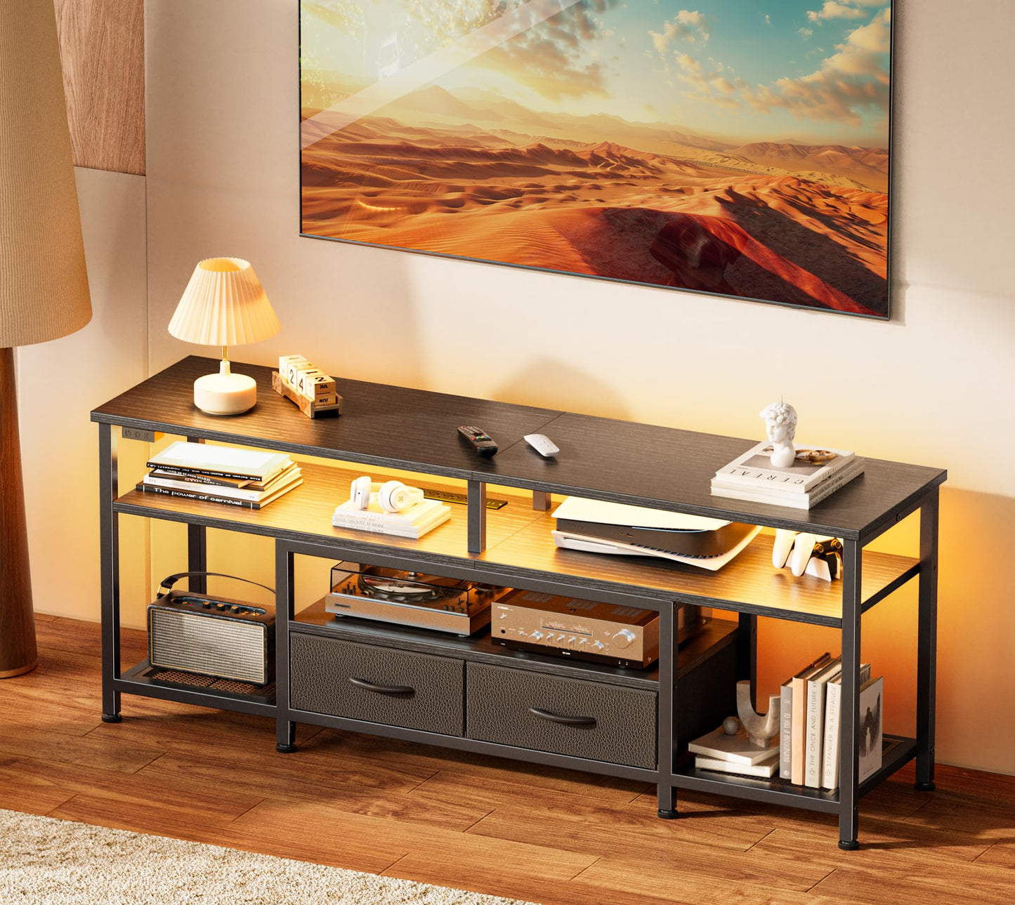 65-70 Inch Modern TV Stand with Drawers, Shelves, LED Lights & Built-In Power Outlets – Media Console for Living Room