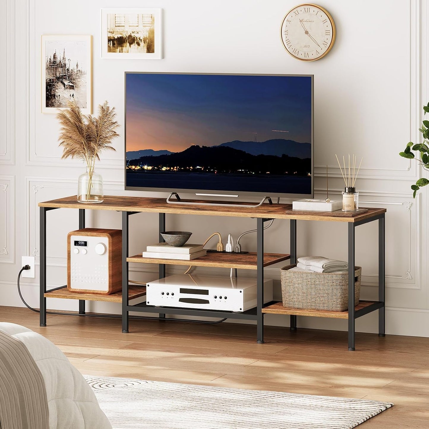 Industrial TV Console for TVs up to 65 Inches – Media Storage Table with Power Outlets & Open Shelves, Rustic Brown and Black