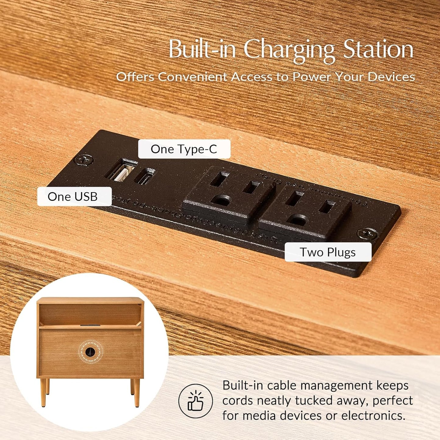 Modern Nightstand Set of 2 with Charging Station – 3-Drawer Wood Bedside Tables with Solid Wood Legs & Adjustable Feet, Curved Design, Oak Finish