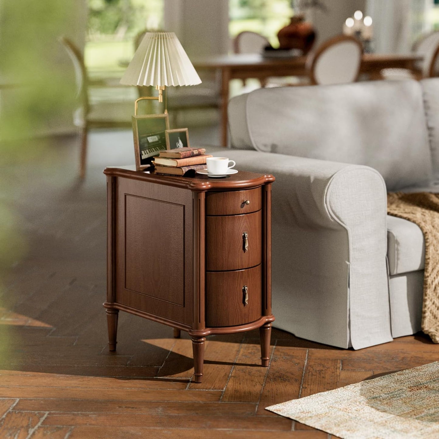 3-Drawer Nightstand Set of 2 with Built-in Charging Station – Vintage-Inspired Side Table, Brown Wood Finish