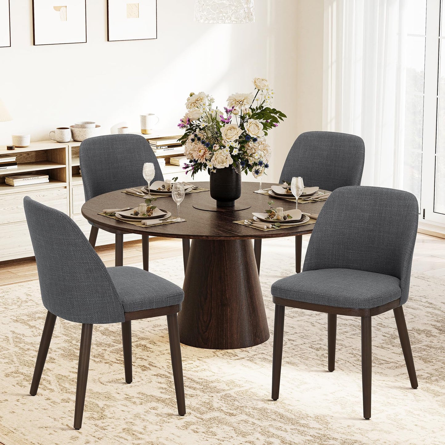 Set of 4 Modern Upholstered Dining Chairs with Wood Legs – Comfortable Kitchen & Dining Room Seating, Camel Fabric