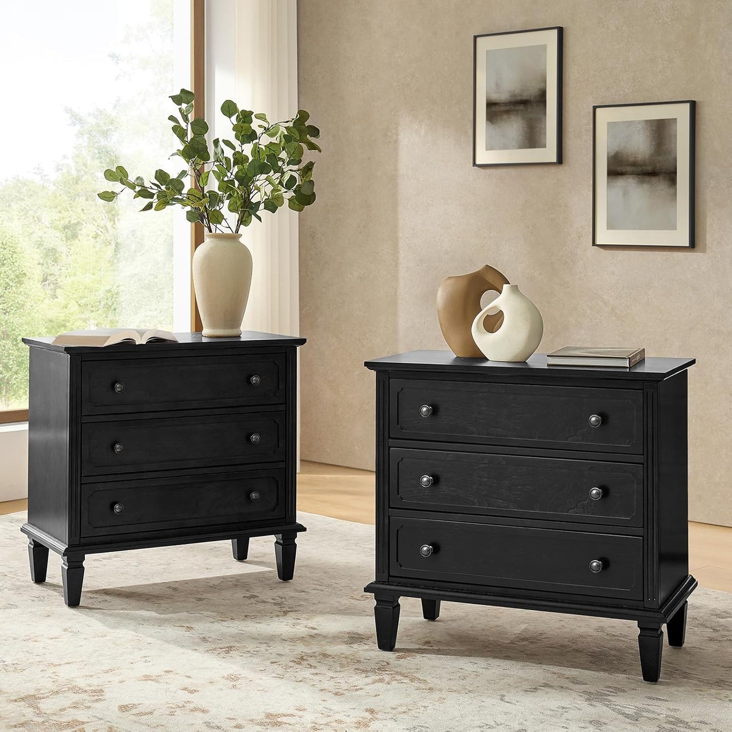 3-Drawer Nightstand Set of 2 with Charging Station – Mid-Century Modern Bedside Tables, Black Finish