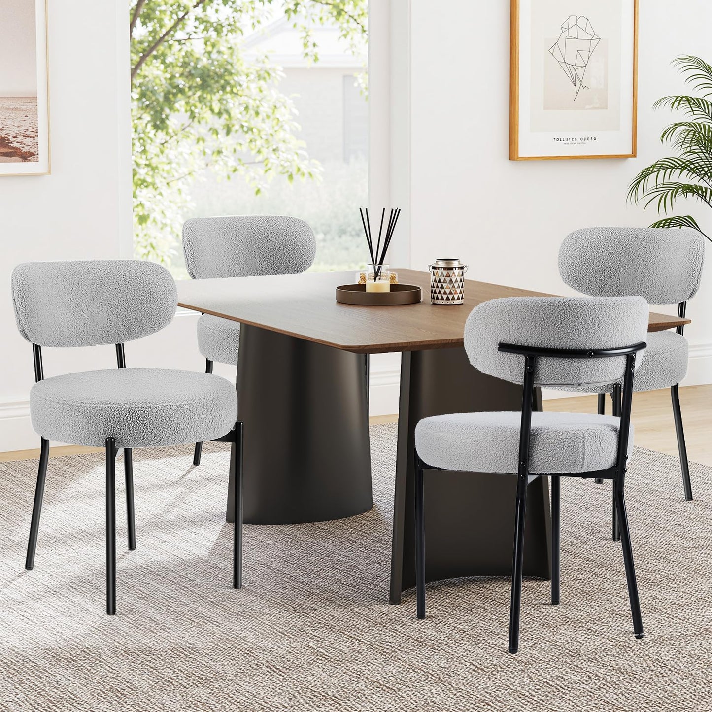 Set of 4 Modern Boucle Upholstered Dining Chairs – Mid-Century Round Kitchen Chairs with Curved Backrest & Metal Legs, Beige