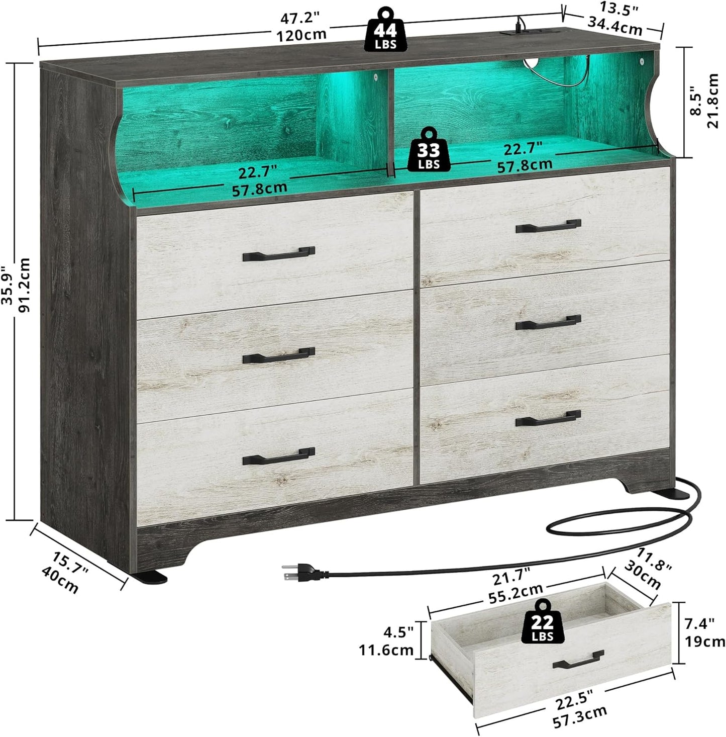 6-Drawer Modern Dresser with LED & USB Charging – Rustic White Wooden Storage Cabinet for Bedroom, Living Room, Hallway