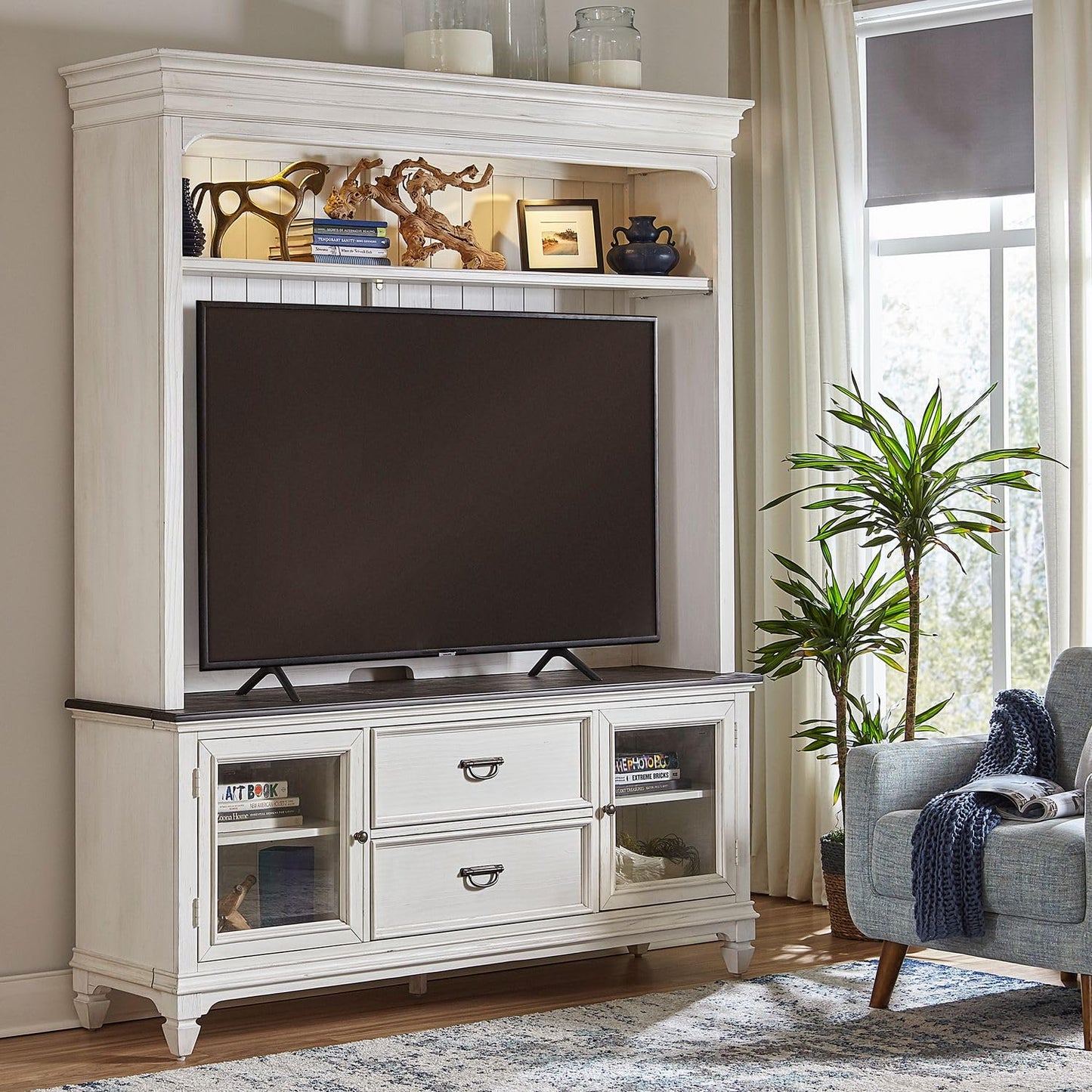 72-Inch Rustic White TV Stand with Charcoal Tops – Entertainment Center with Beveled Glass Doors, Adjustable Shelving & Wire Management
