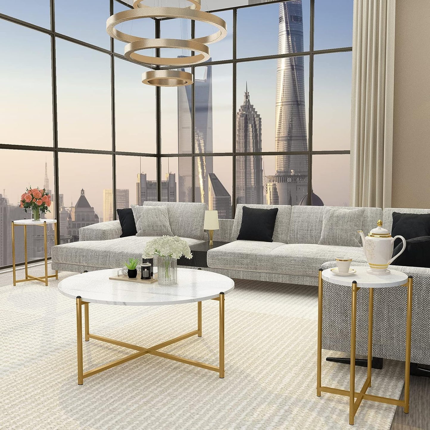 3-Piece Round Coffee Table Set with Faux Marble Top & Gold Metal Base – 1 Coffee Table + 2 Side Tables, Modern Living Room Accent Set, White & Gold