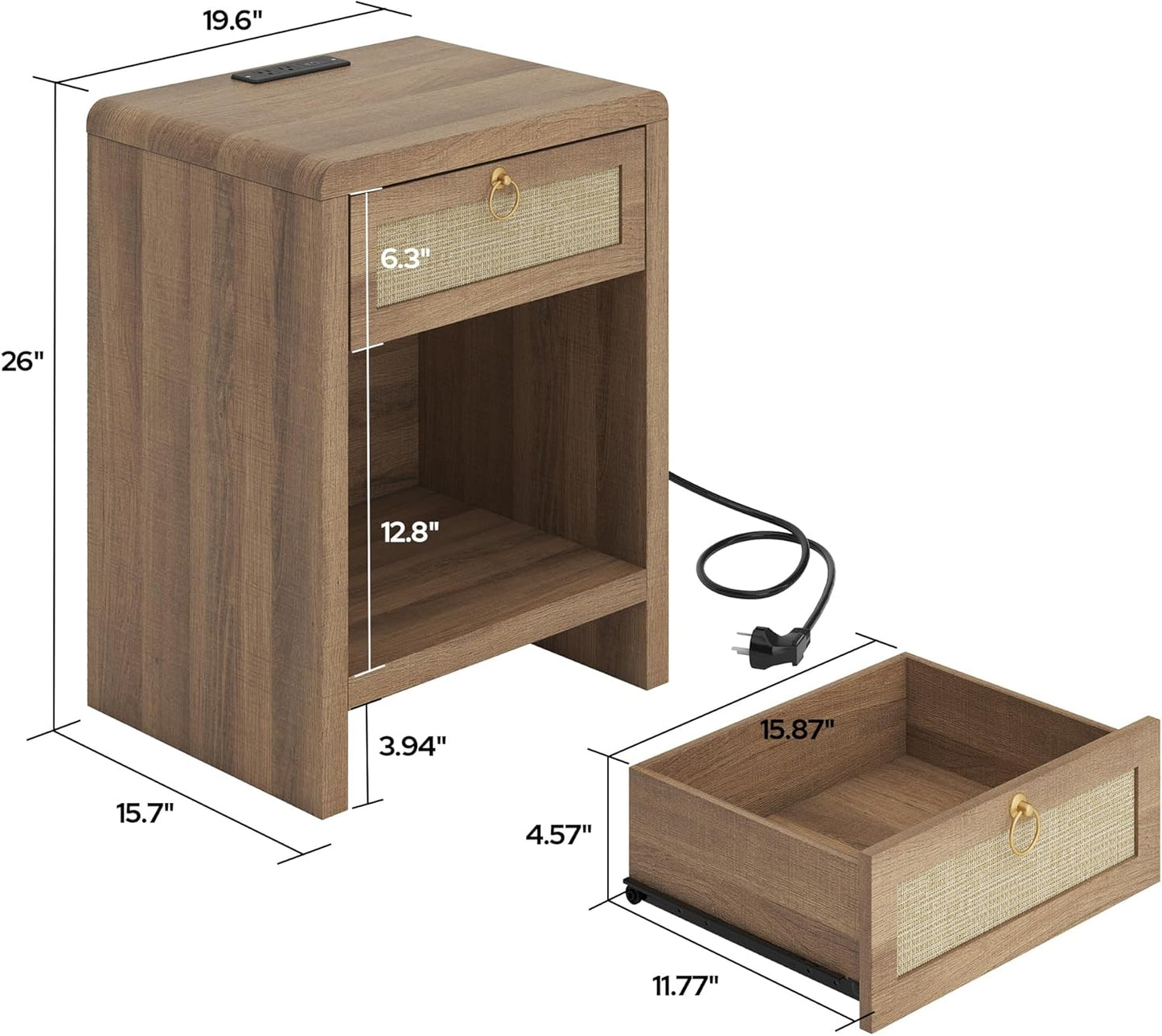 Rattan Nightstand Set of 2 with Charging Station – Boho Bedside Tables with Drawer & Storage Shelf, Natural Oak