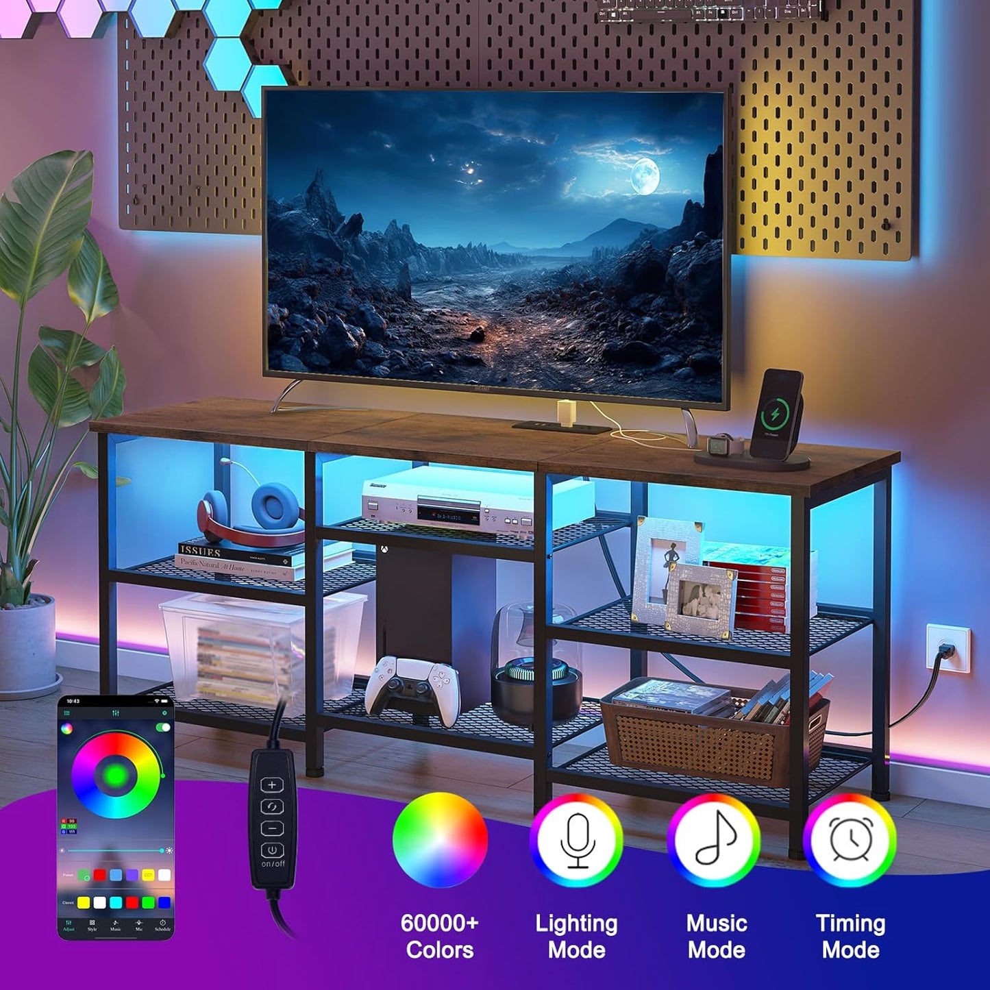 Rustic Brown TV Stand for 55-Inch TVs – Media Console with Adjustable Shelves, LED Lights & Built-In Power Outlets