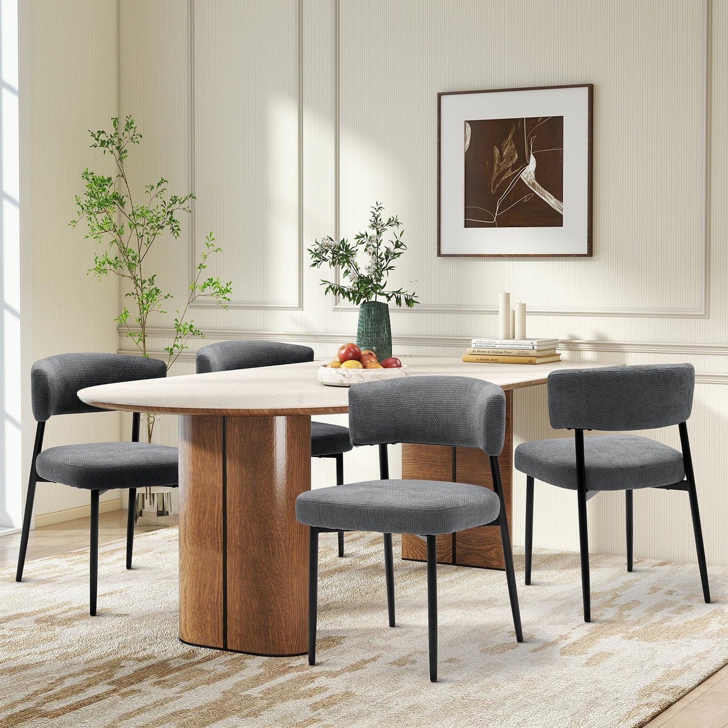 Set of 4 Modern Boucle Upholstered Dining Chairs – Mid-Century Round Kitchen Chairs with Curved Backrest & Metal Legs, Beige