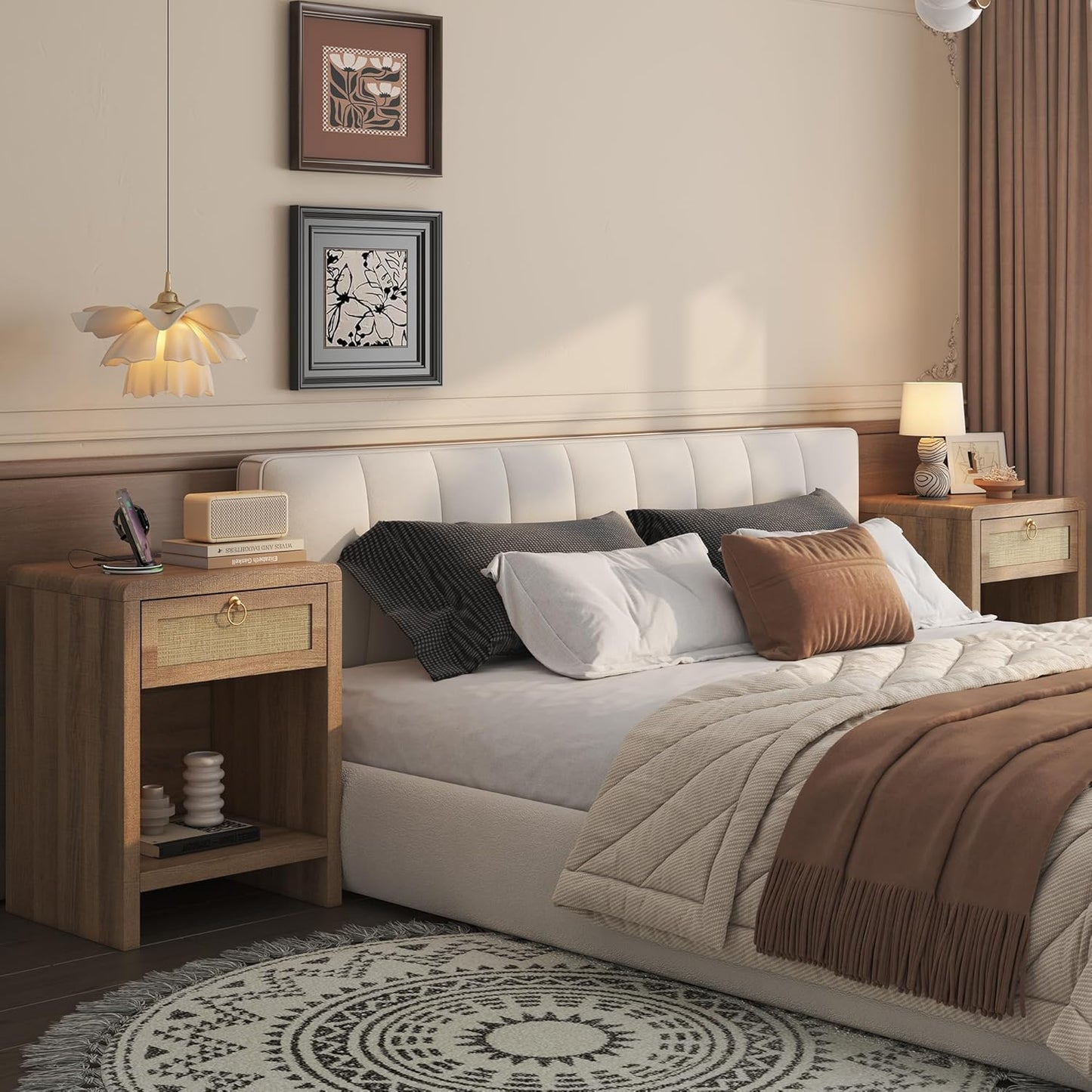 Rattan Nightstand Set of 2 with Charging Station – Boho Bedside Tables with Drawer & Storage Shelf, Natural Oak