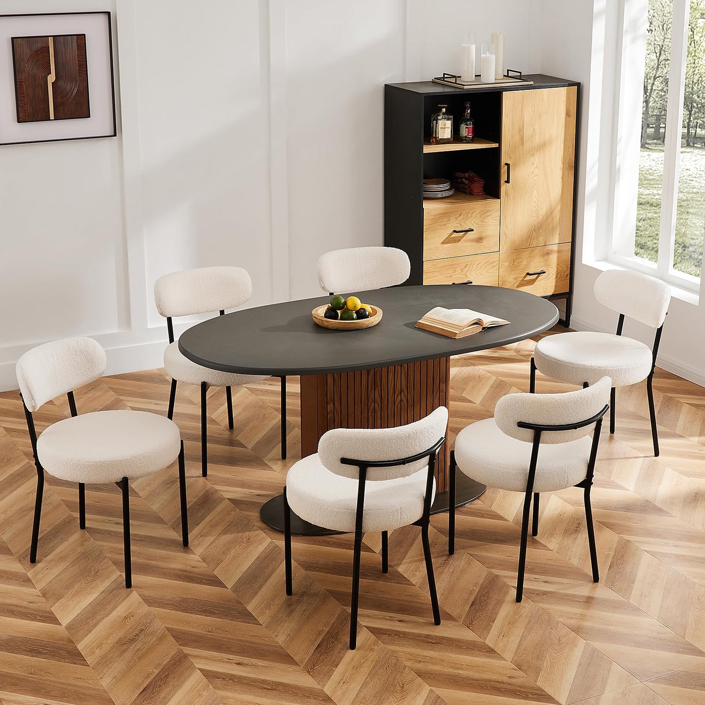 Set of 4 Modern Boucle Upholstered Dining Chairs – Mid-Century Round Kitchen Chairs with Curved Backrest & Metal Legs, Beige