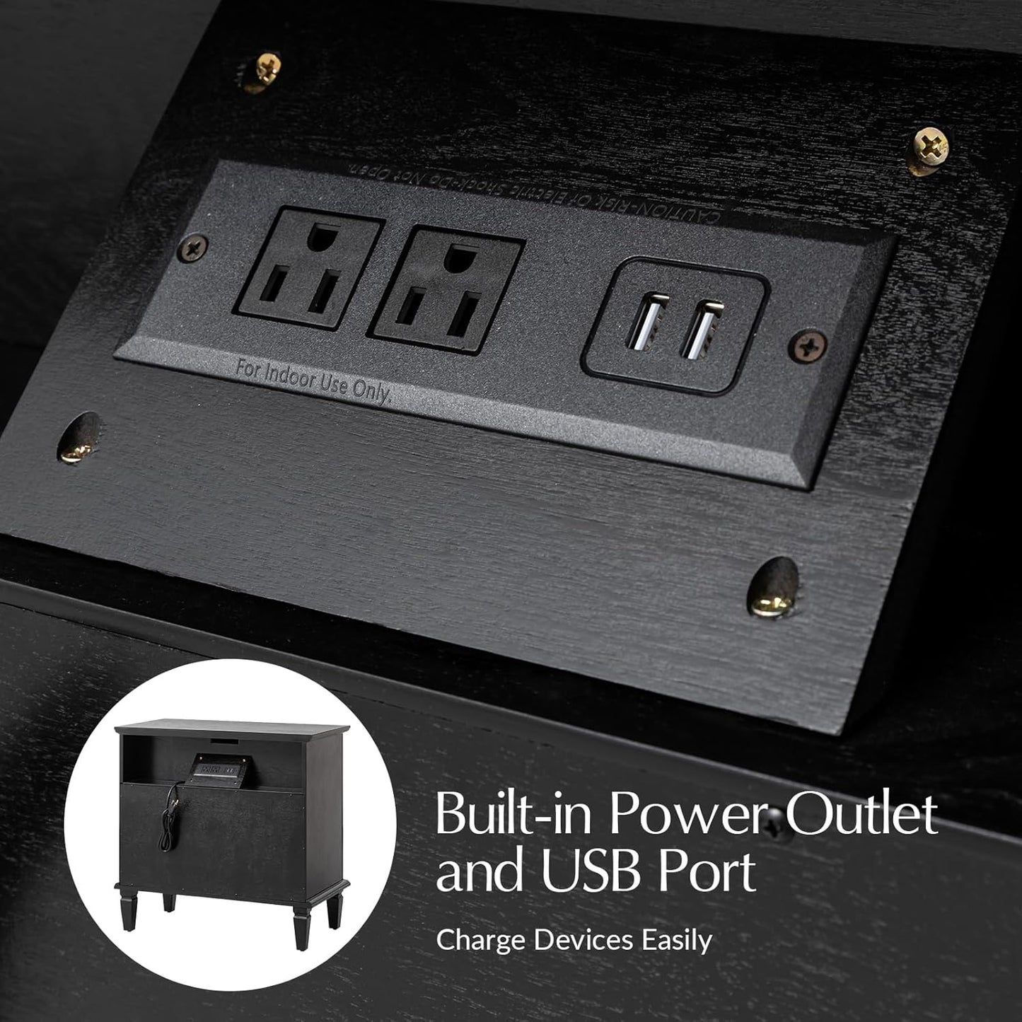 3-Drawer Nightstand Set of 2 with Charging Station – Mid-Century Modern Bedside Tables, Black Finish