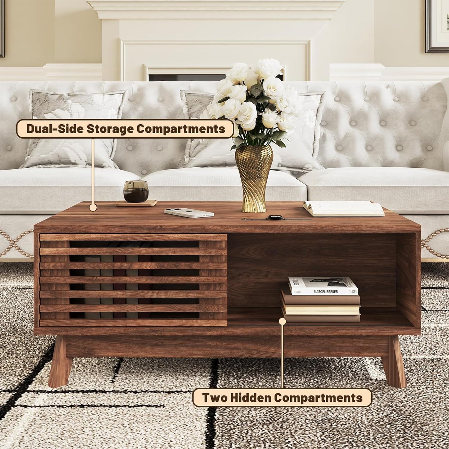 Lift Top Coffee Table with Sliding Storage Compartment – Mid-Century Modern Walnut Center Table, Rectangular Fluted Design, 35.4