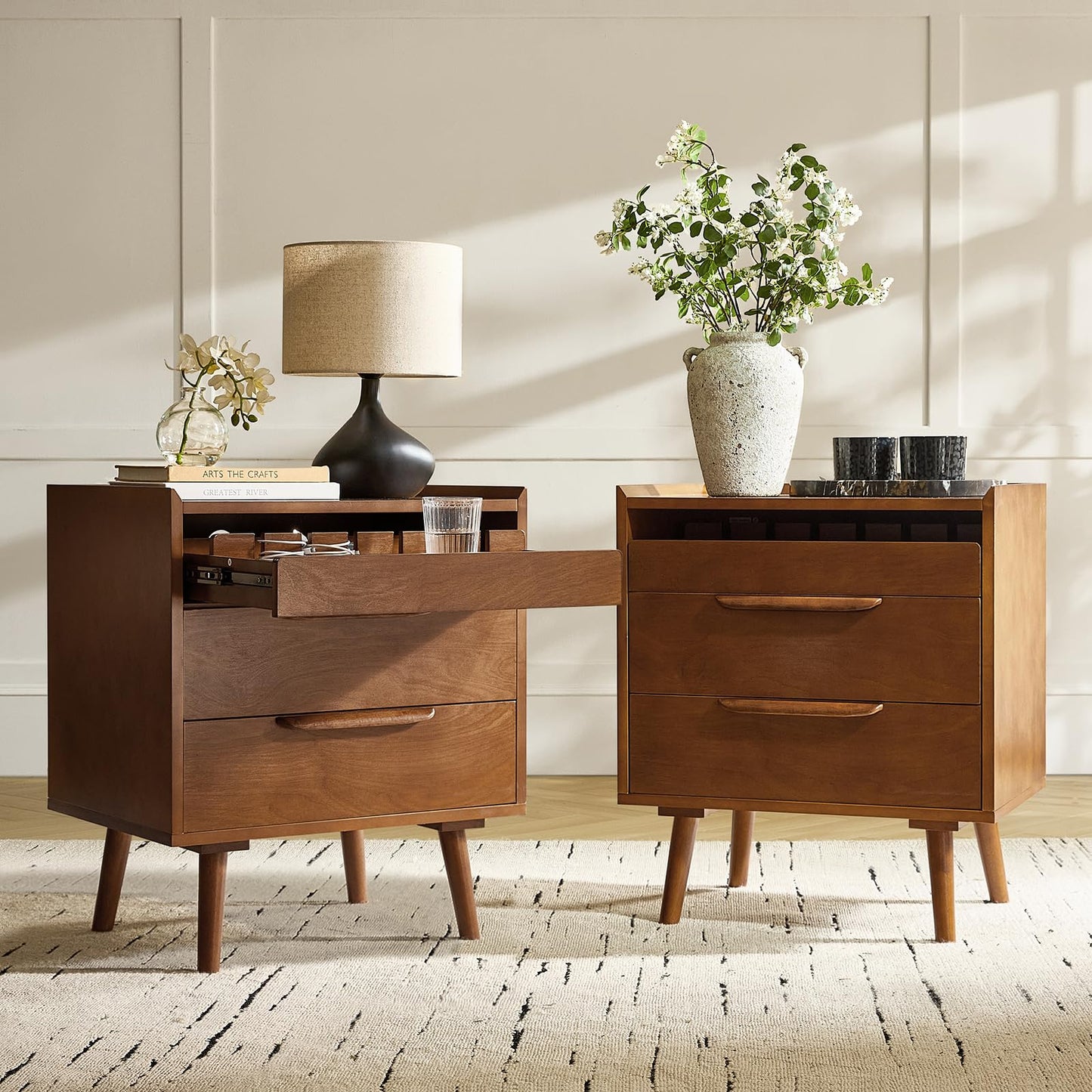 Mid-Century Modern Nightstand Set of 2 with Charging Station – 2-Drawer Wood Bedside Tables with Pull-Out Shelf, Walnut Finish