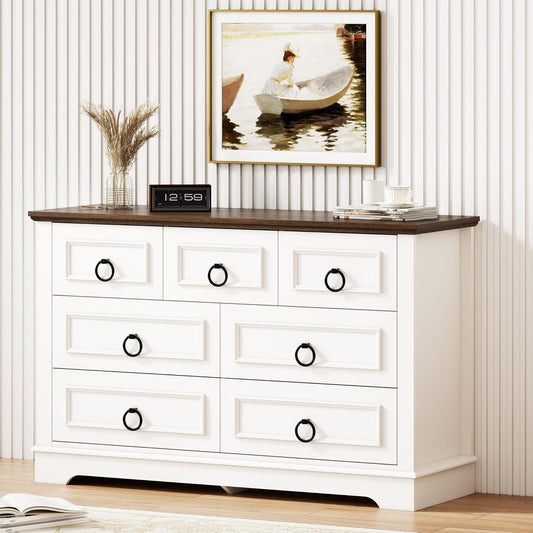 Farmhouse 7-Drawer Dresser – Rustic White Wood Chest for Bedroom, Hallway, or Entryway