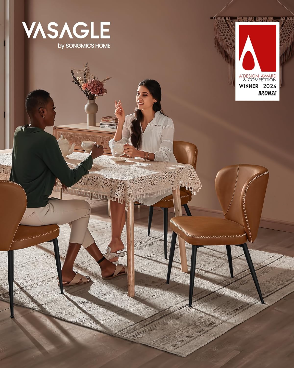 Set of 2 Mid-Century Modern Upholstered Dining Chairs – Caramel Brown Synthetic Leather Kitchen & Dining Chairs