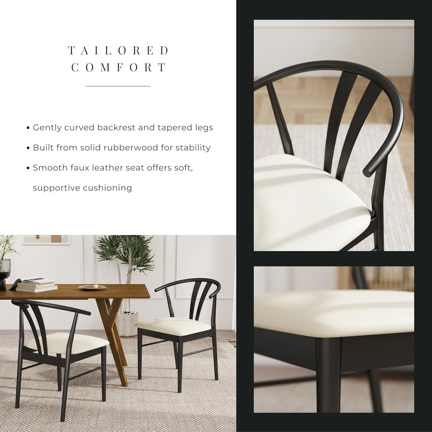 Set of 2 Black Wishbone-Style Upholstered Dining Chairs – Mid-Century Modern Wooden Frame