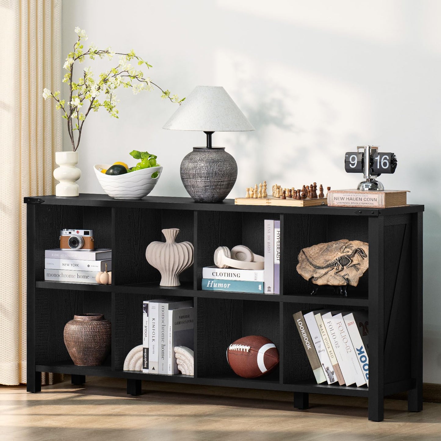 6-Cube Farmhouse Wood Low Storage Organizer – 47" Horizontal Navy Console Bookshelf with Legs