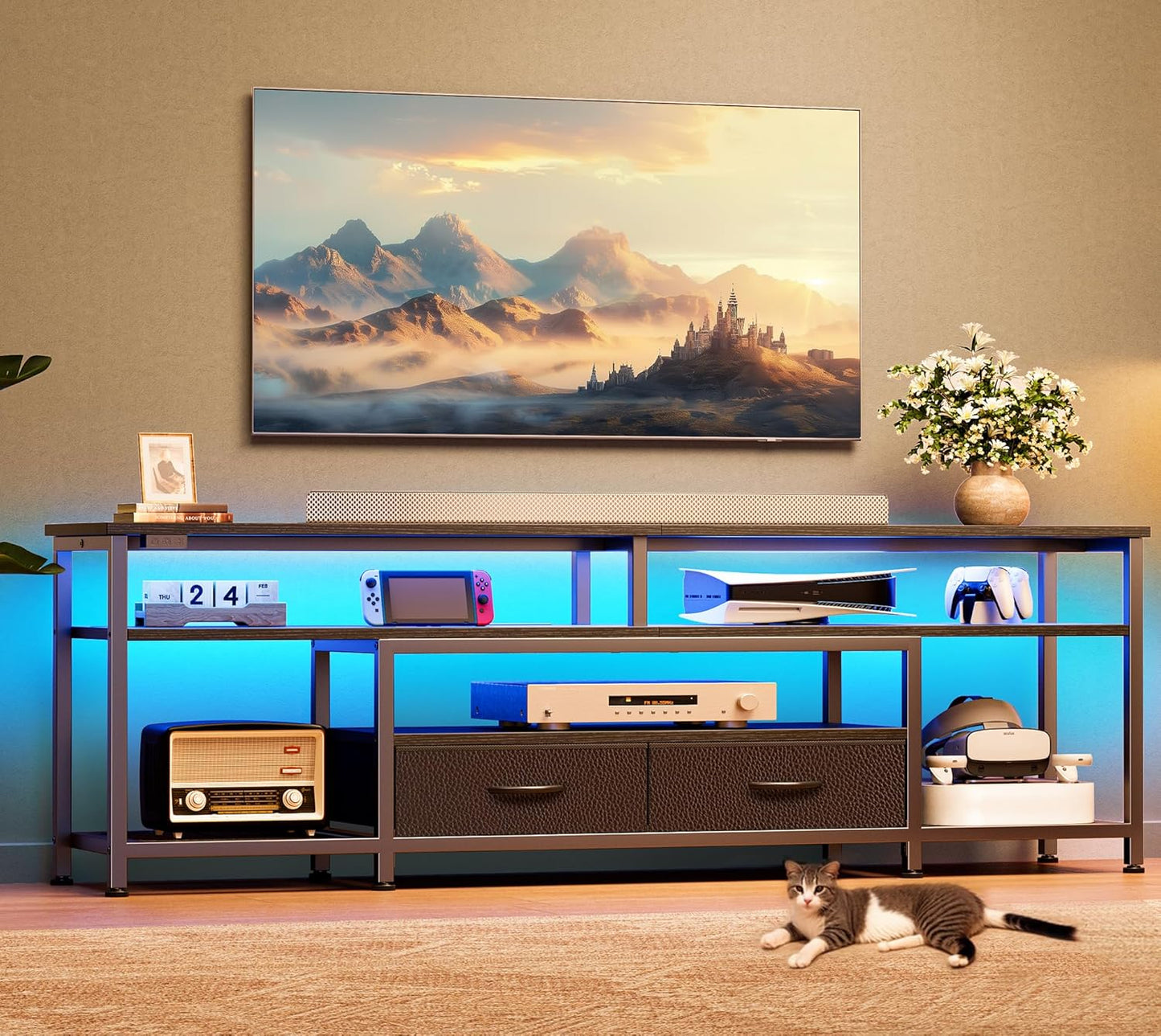 65-70 Inch Modern TV Stand with Drawers, Shelves, LED Lights & Built-In Power Outlets – Media Console for Living Room