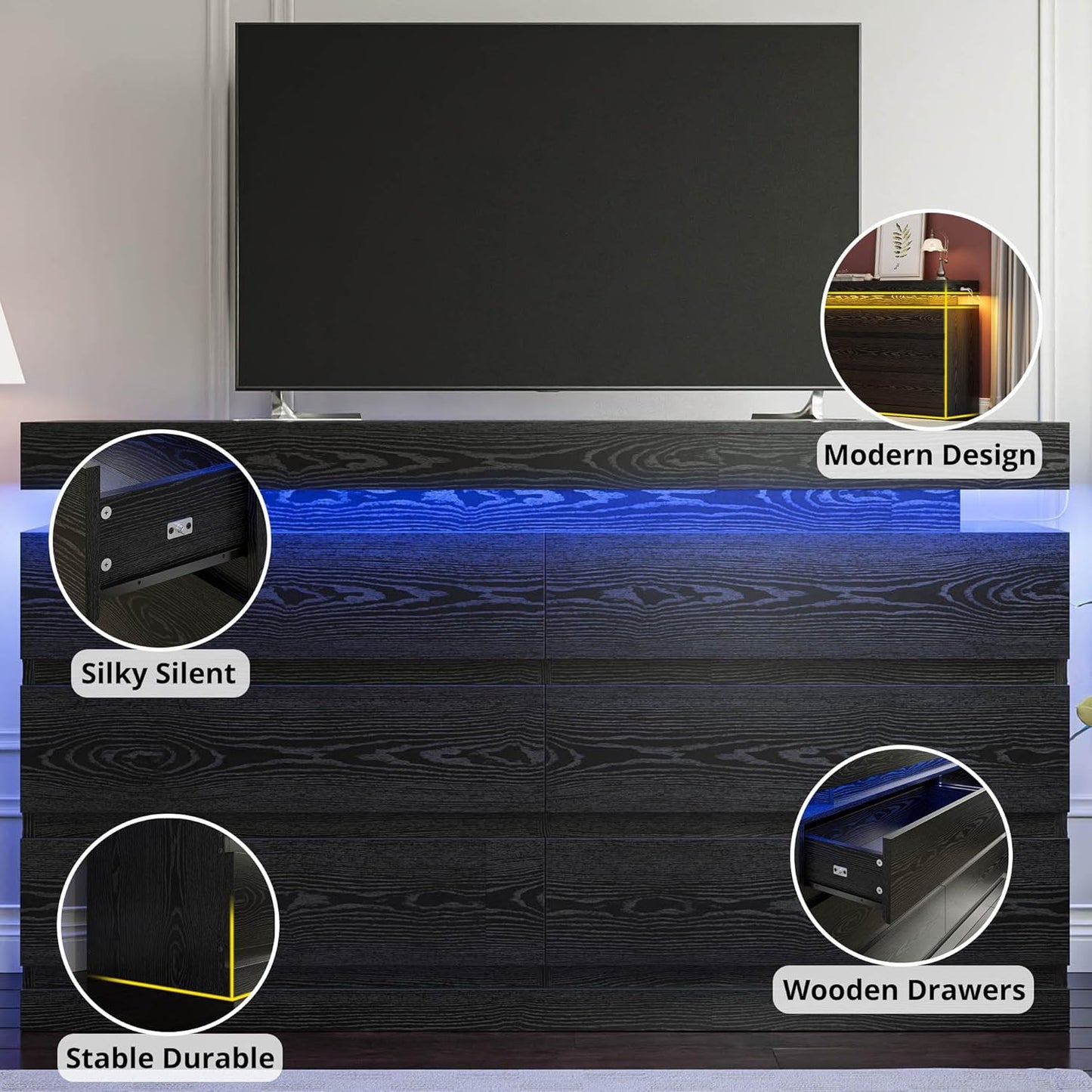 59" 6-Drawer Modern Dresser with LED Lighting & Power Strip – Large Black Wooden Storage Cabinet for Bedroom, Living Room, Office