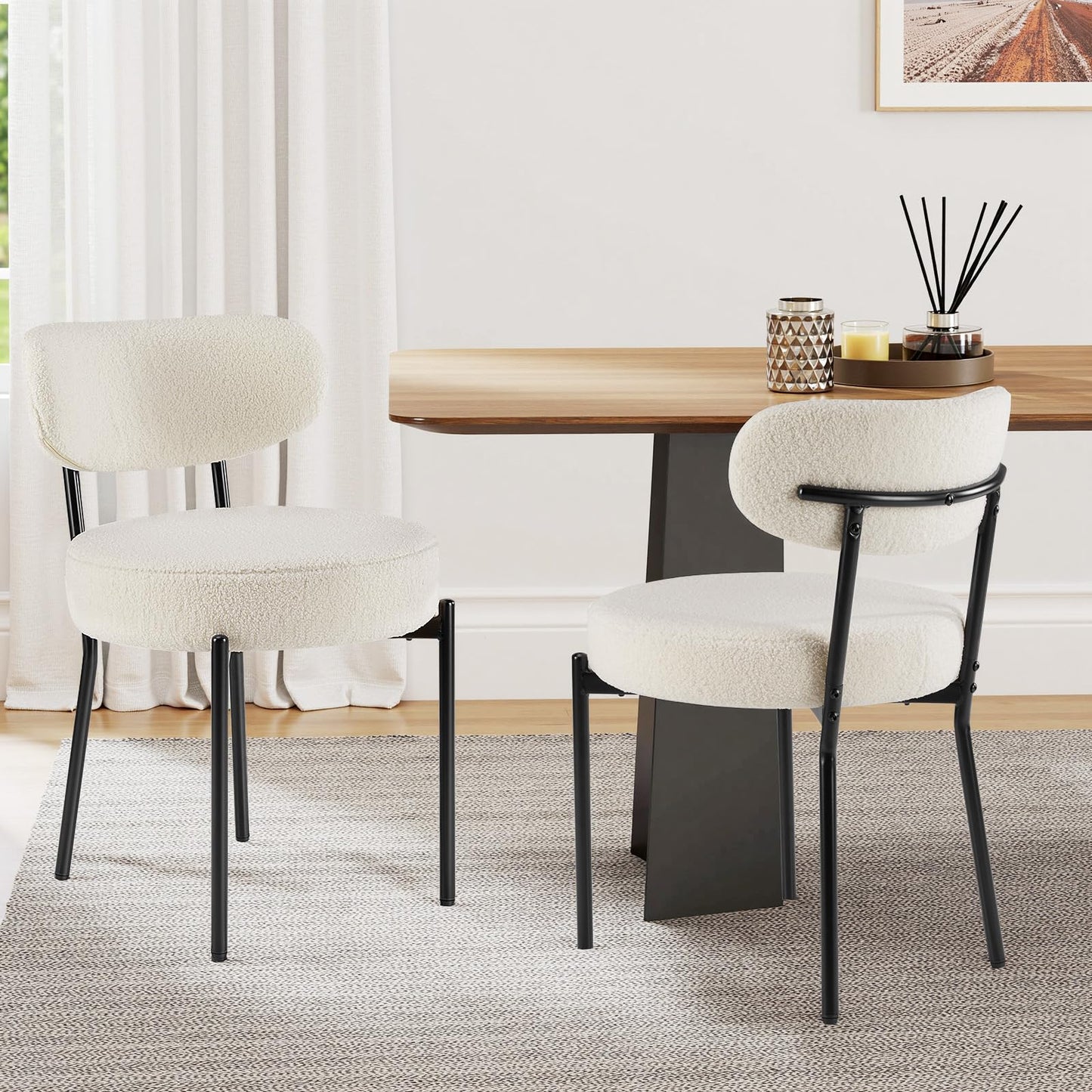Set of 4 Modern Boucle Upholstered Dining Chairs – Mid-Century Round Kitchen Chairs with Curved Backrest & Metal Legs, Beige