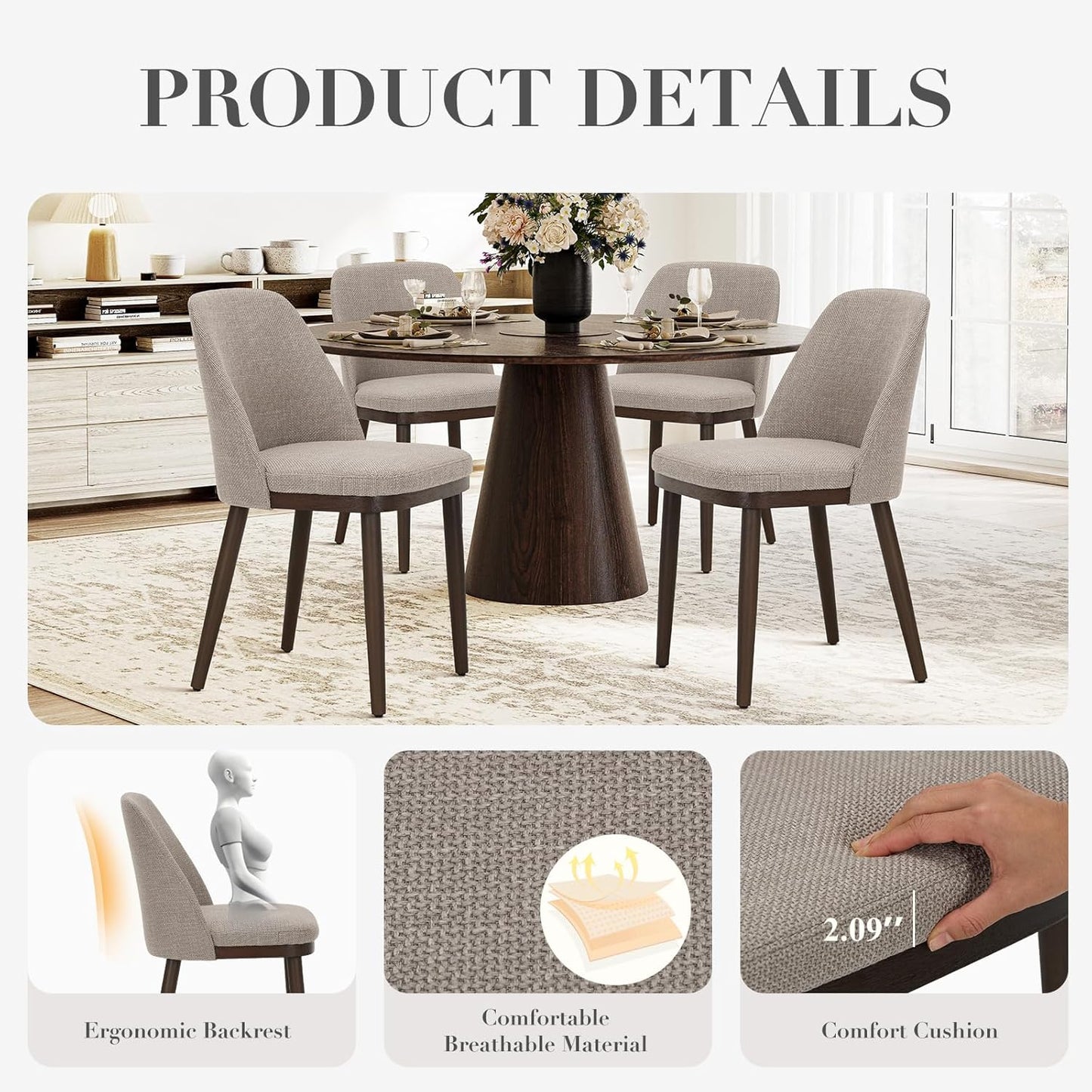 Set of 4 Modern Upholstered Dining Chairs with Wood Legs – Comfortable Kitchen & Dining Room Seating, Camel Fabric