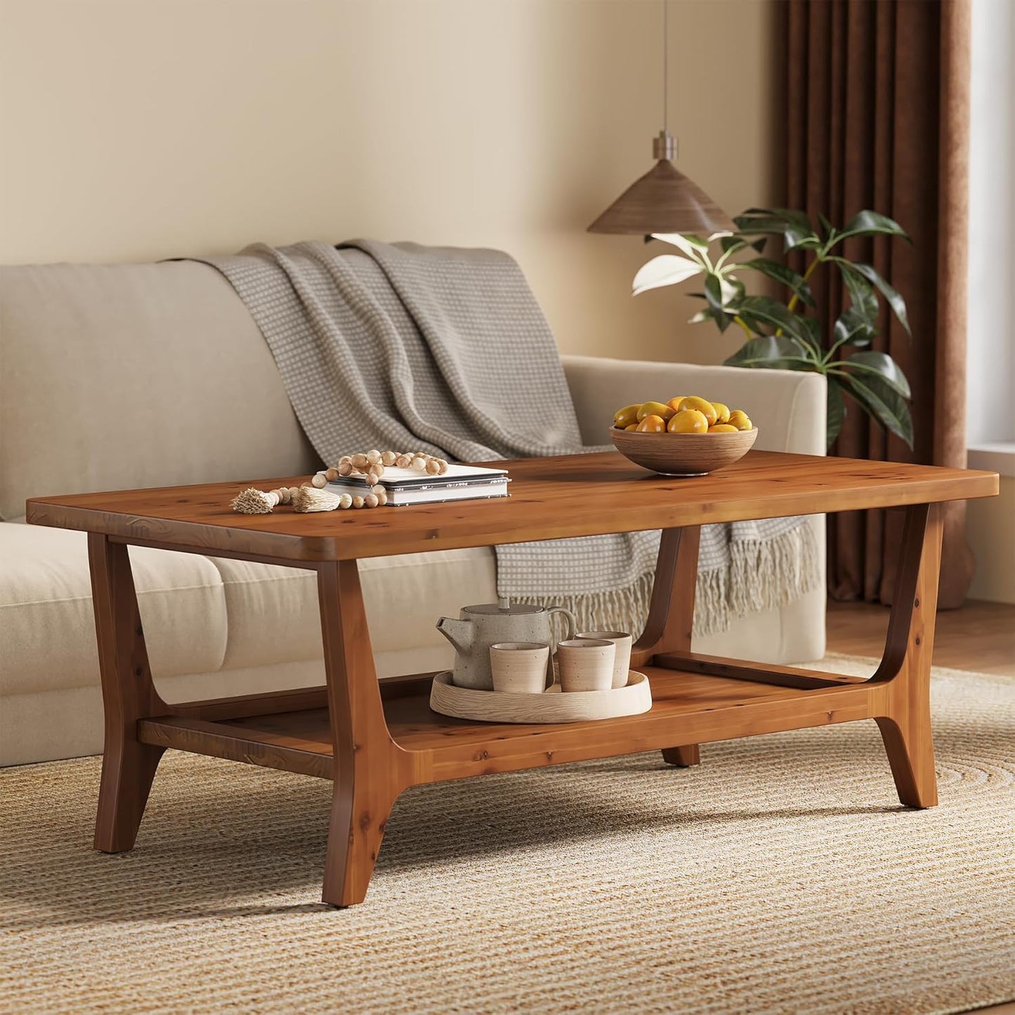 47-Inch Solid Wood Coffee Table with Shelf – 2-Tier Center Table for Living Room, Brown