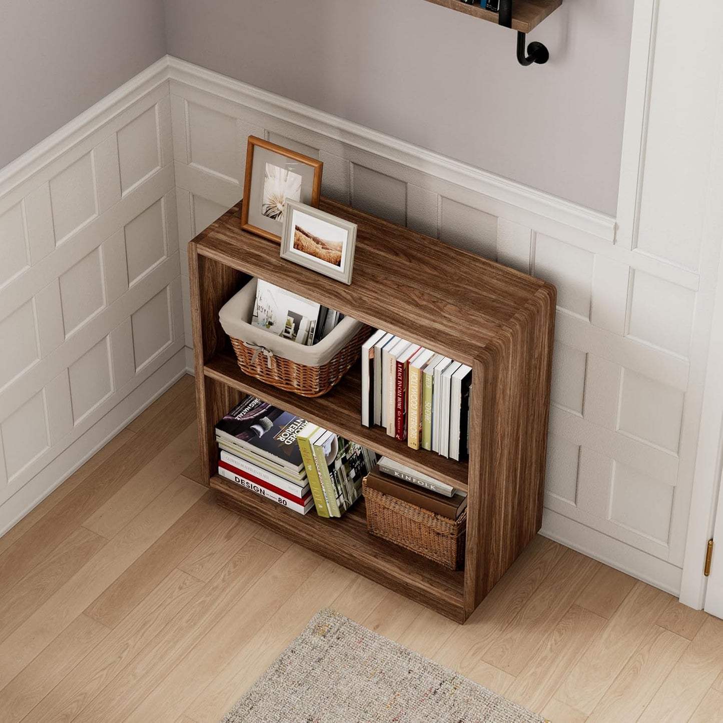 2-Tier Wooden Bookcase – Small Farmhouse Bookshelf with Open Storage, Brown Walnut Finish