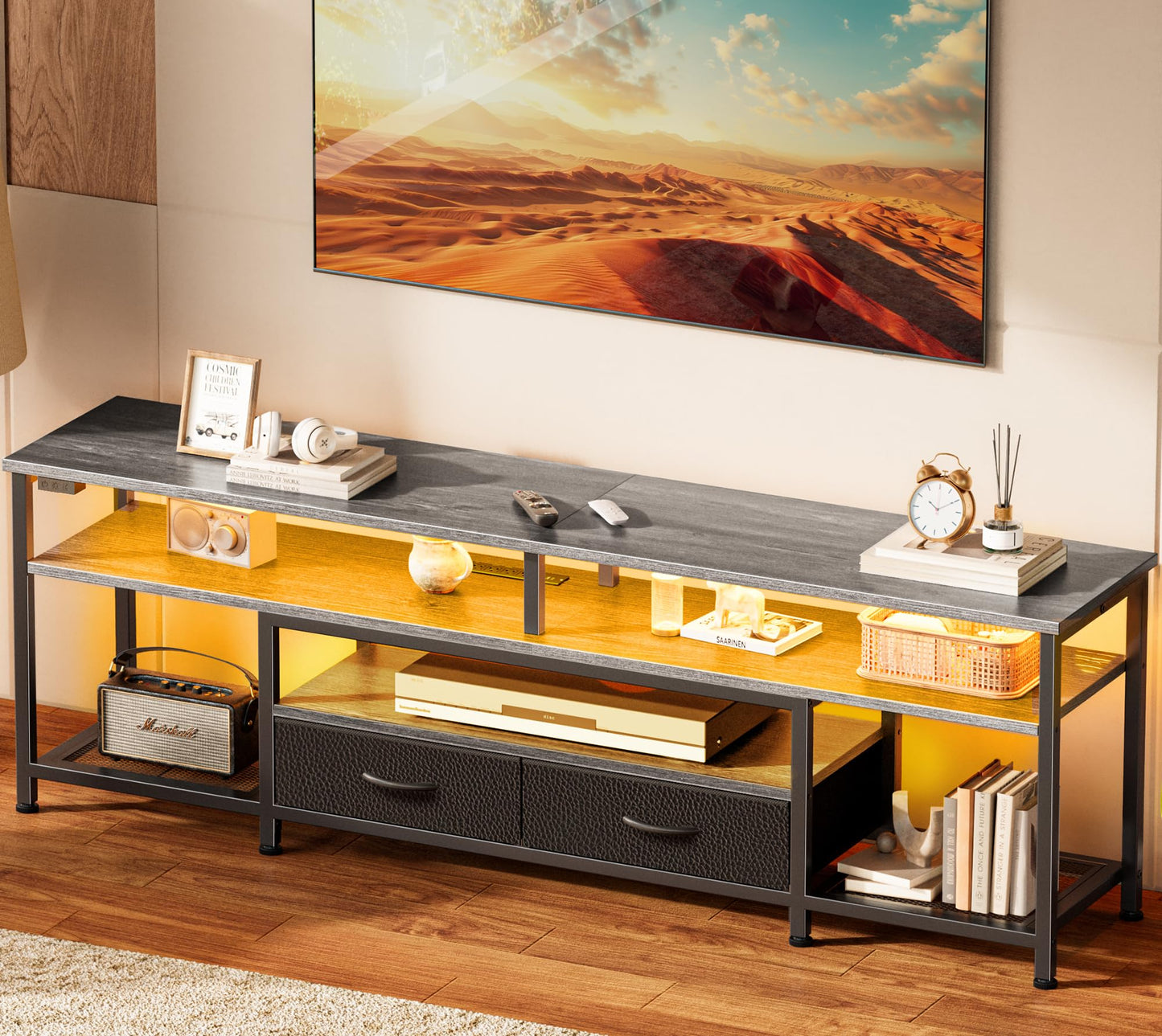 65-70 Inch Modern TV Stand with Drawers, Shelves, LED Lights & Built-In Power Outlets – Media Console for Living Room