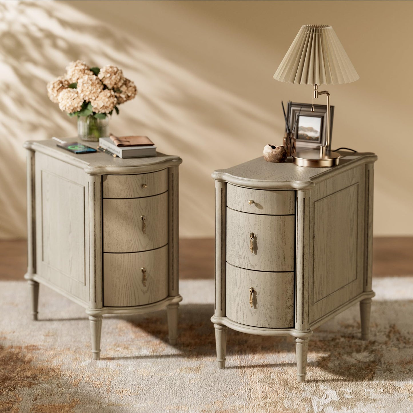 3-Drawer Nightstand Set of 2 with Built-in Charging Station – Vintage-Inspired Side Table, Brown Wood Finish